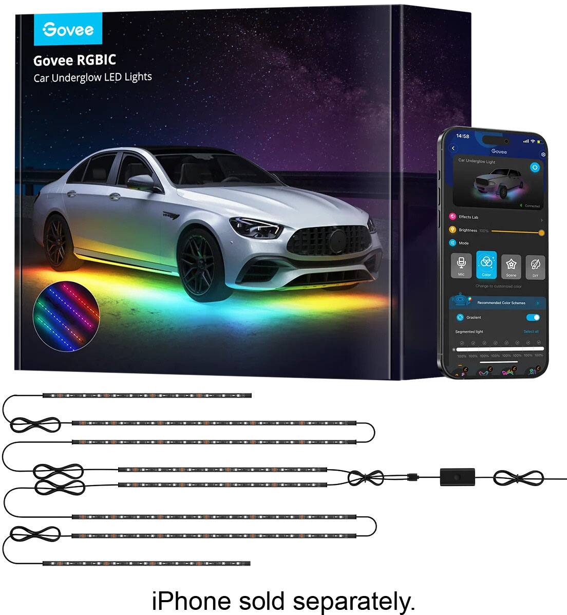 Govee RGBIC Car Underglow LED Lights

- Effects Lab
- Brightness 100%
- Mode
- Mic
- Color
- Scene
- DIY

Recommended Color Schemes

Gradient
Segmented light
Select all

iPhone sold separately.