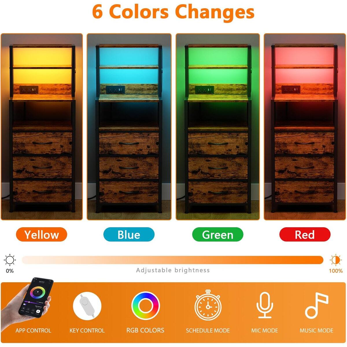 6 Colors Changes  
Yellow Blue Green Red  
0% Adjustable brightness 100%  
APP CONTROL KEY CONTROL RGB COLORS SCHEDULE MODE MIC MODE MUSIC MODE