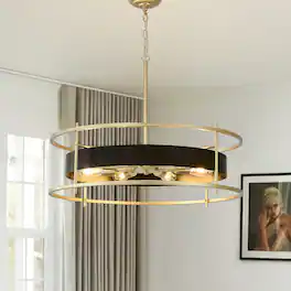 RYHNUYNE - Modern Black and Gold 8-Light Chandelier - 31 Inch Round Adjustable Pendant Light for Dining Room, Living Room, Foyer