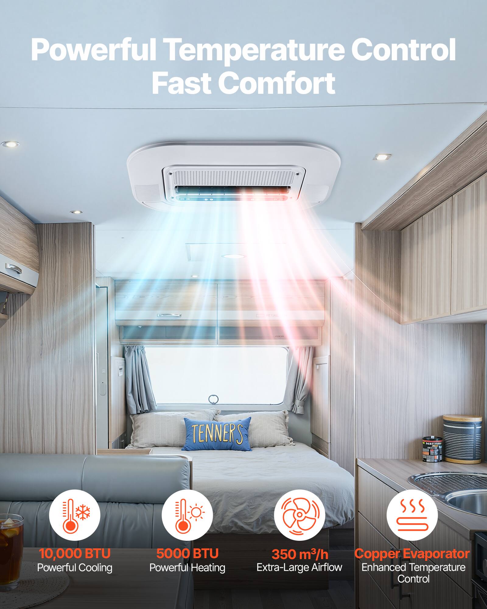 Powerful Temperature Control  
Fast Comfort  

TENNERS MC  

10,000 BTU Powerful Cooling  
5000 BTU Powerful Heating  
350 m³/h Extra-Large Airflow  
Copper Evaporator  
Enhanced Temperature Control