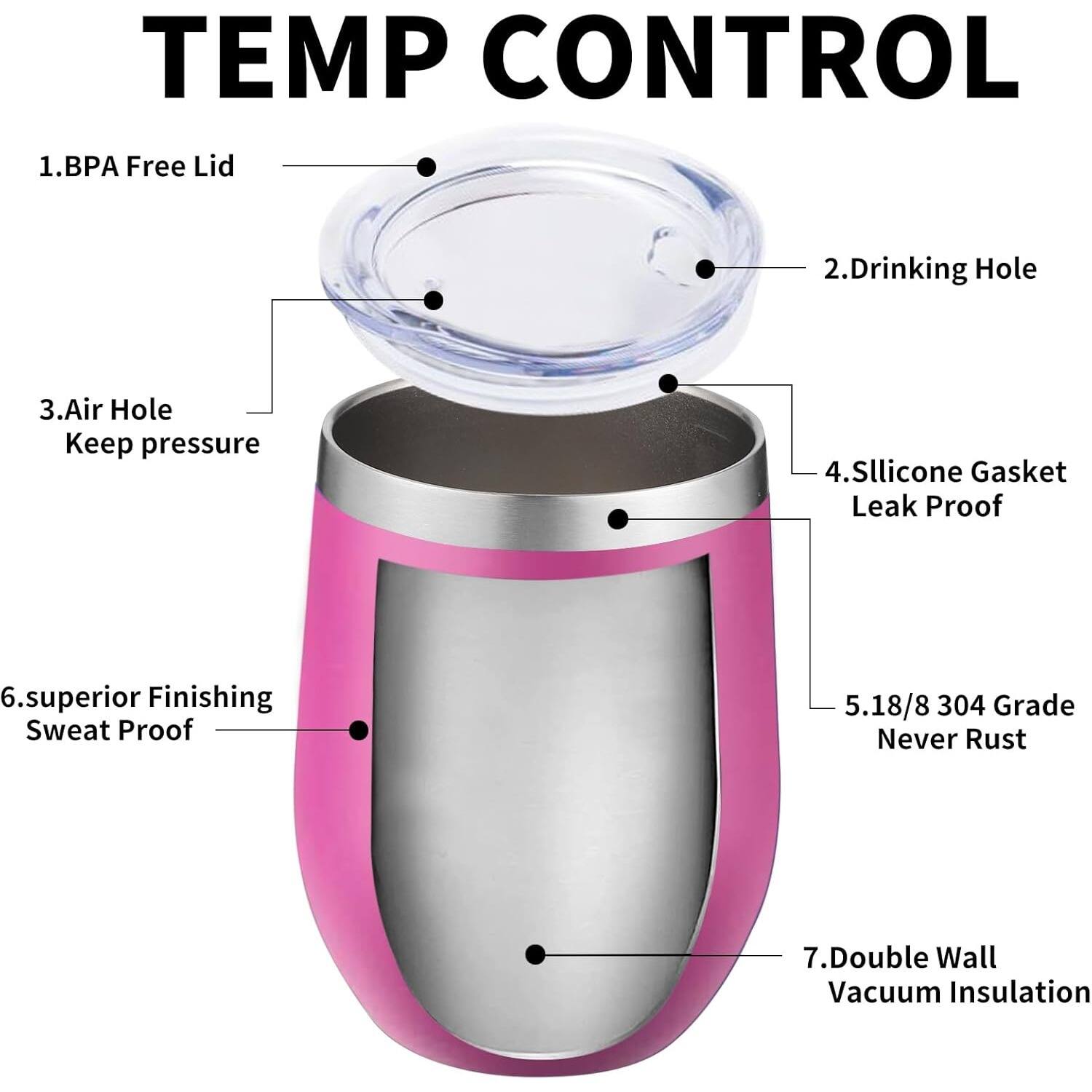 Here is the corrected and grouped text:

1. BPA Free Lid
2. Drinking Hole
3. Air Hole Keep Pressure
4. Silicone Gasket Leak Proof
5. 18/8 304 Grade Never Rust
6. Superior Finishing Sweat Proof
7. Double Wall Vacuum Insulation