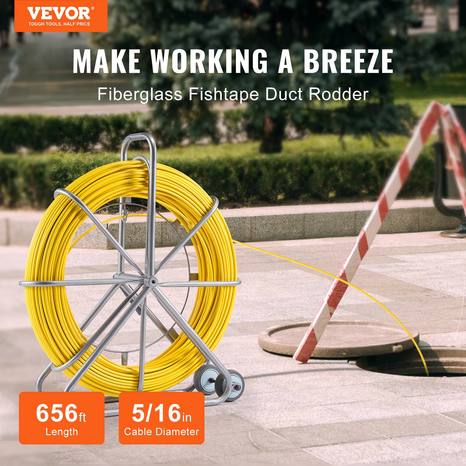 VEVOR TOUGH TOOLS HALF PRICE  
MAKE WORKING A BREEZE  
Fiberglass Fishtape Duct Rodder  
656 ft Length  
5/16 in Cable Diameter