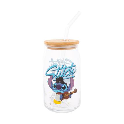 Front. Disney - Disney Lilo & Stitch Elvis Stitch 16-Ounce Glass Tumbler With Lid and Straw - Multi-Colored.