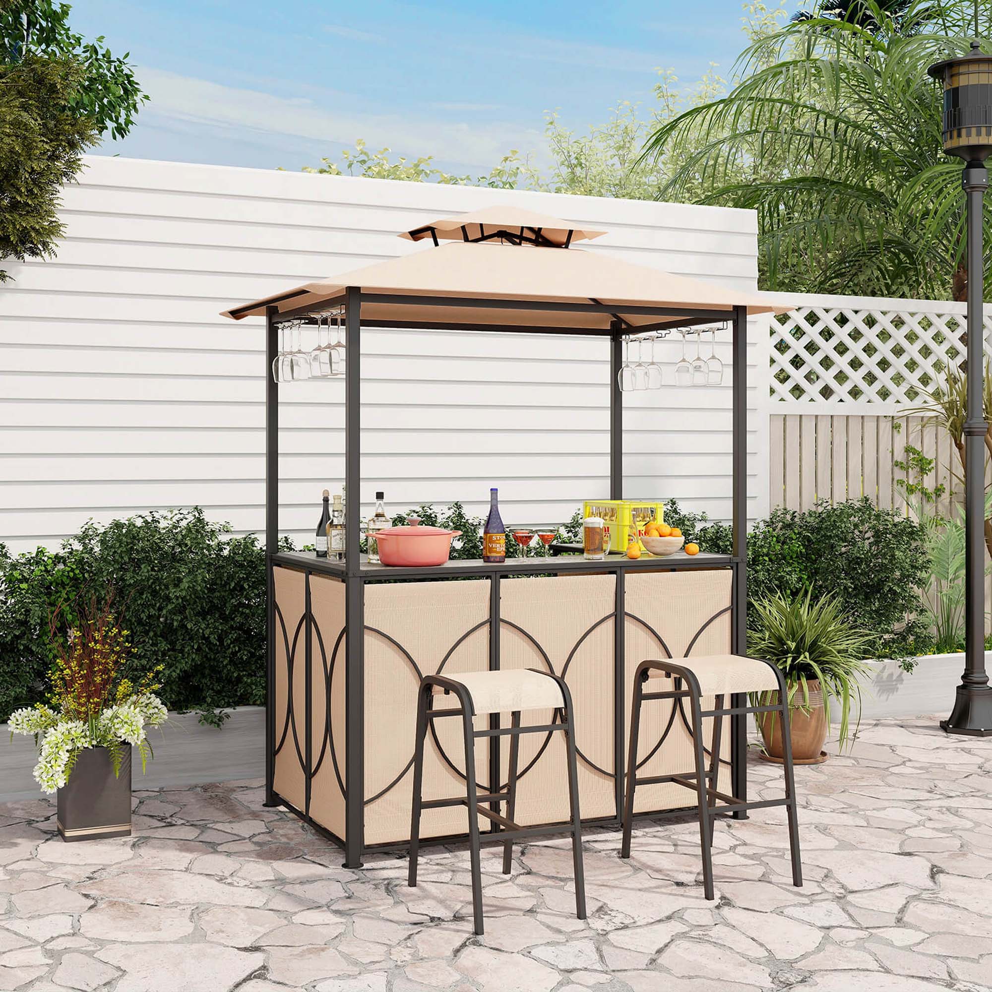 Alt View 1. Costway - 3 PCS Patio Bar Set with Tempered Glass Bar Table Metal Storage Shelves for Garden - Brown.