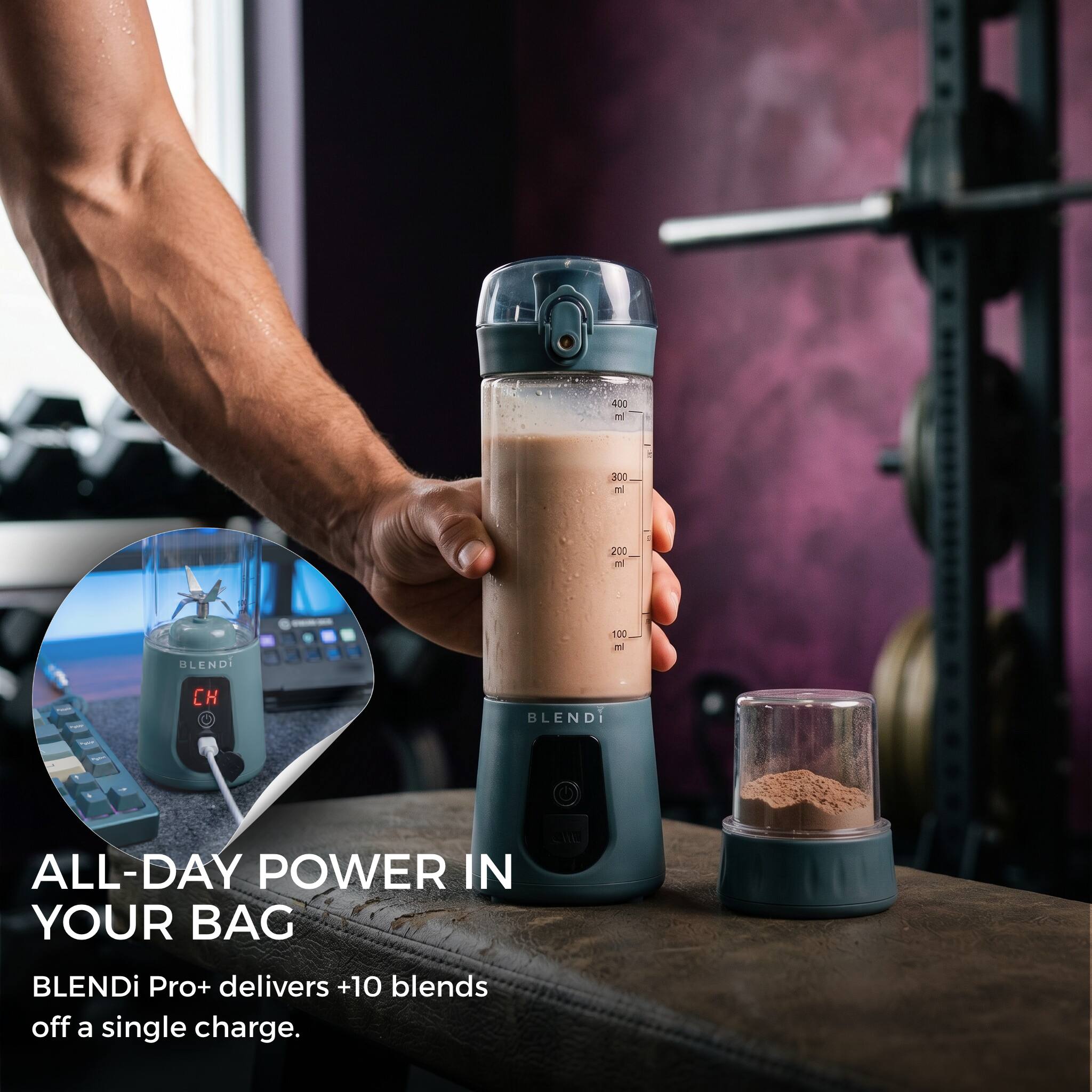 400 ml  
300 ml  
200 ml  
BLENDi  
100 ml  
CH  
BLEND  
ALL-DAY POWER IN YOUR BAG  
BLENDi Pro+ delivers +10 blends off a single charge.