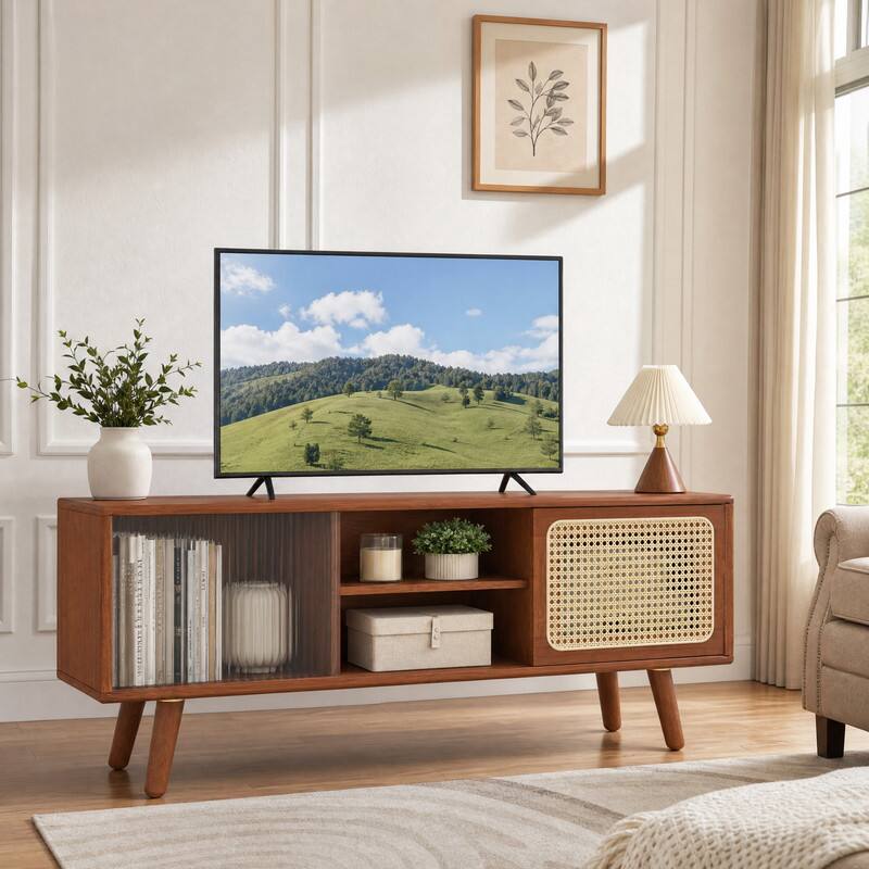 Angle. WELLFOR - Modern TV Stand for TVs up to 55" with Rattan& Glass Sliding Doors, Entertainment Center Media Console for Living Room - Brown.