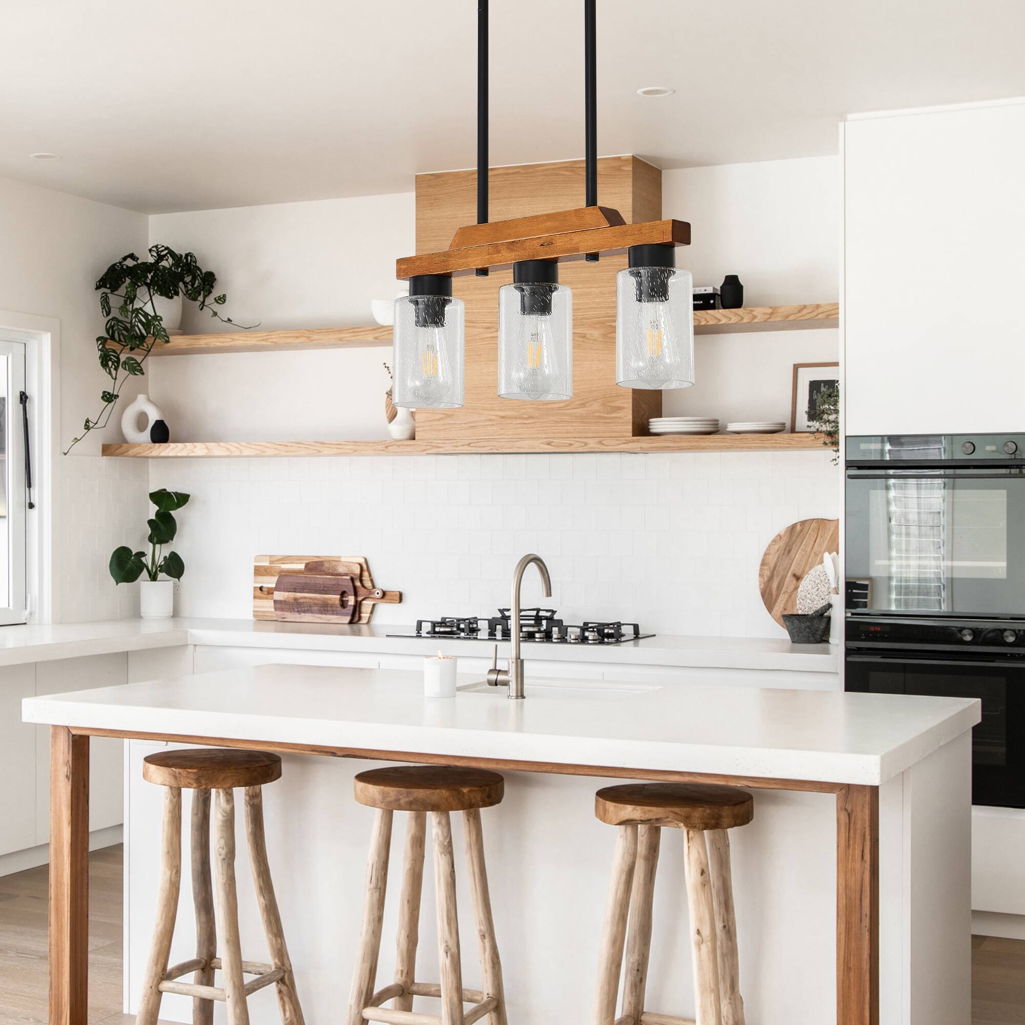 Alt View 1. RYHNUYNE - 3-Light Rustic Chandelier 20 Inch Wood Linear Pendant Light with Seed Glass Shades Adjustable Farmhouse Island Lighting.