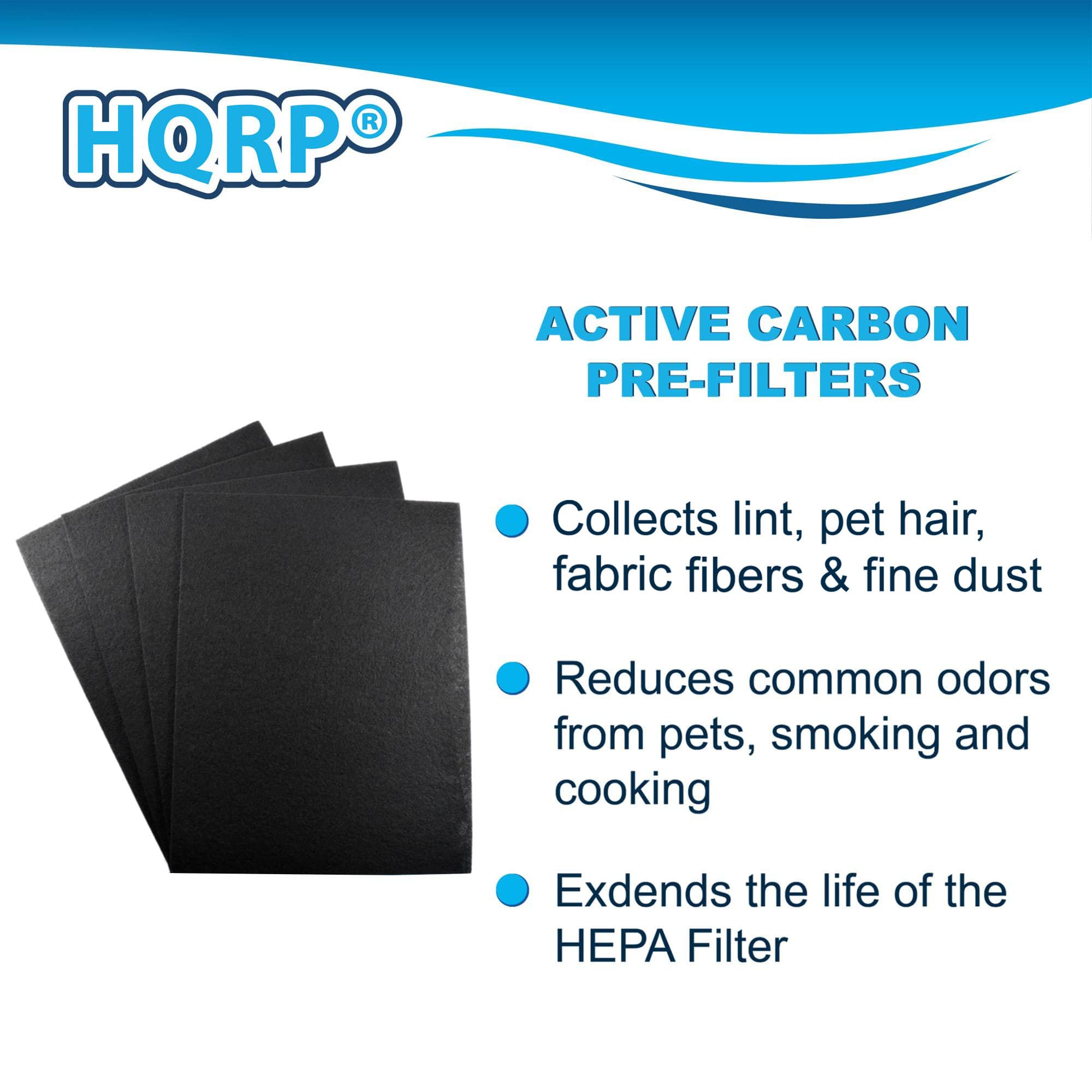 HQRP ACTIVE CARBON PRE-FILTERS  
- Collects lint, pet hair, fabric fibers & fine dust  
- Reduces common odors from pets, smoking and cooking  
- Extends the life of the HEPA Filter