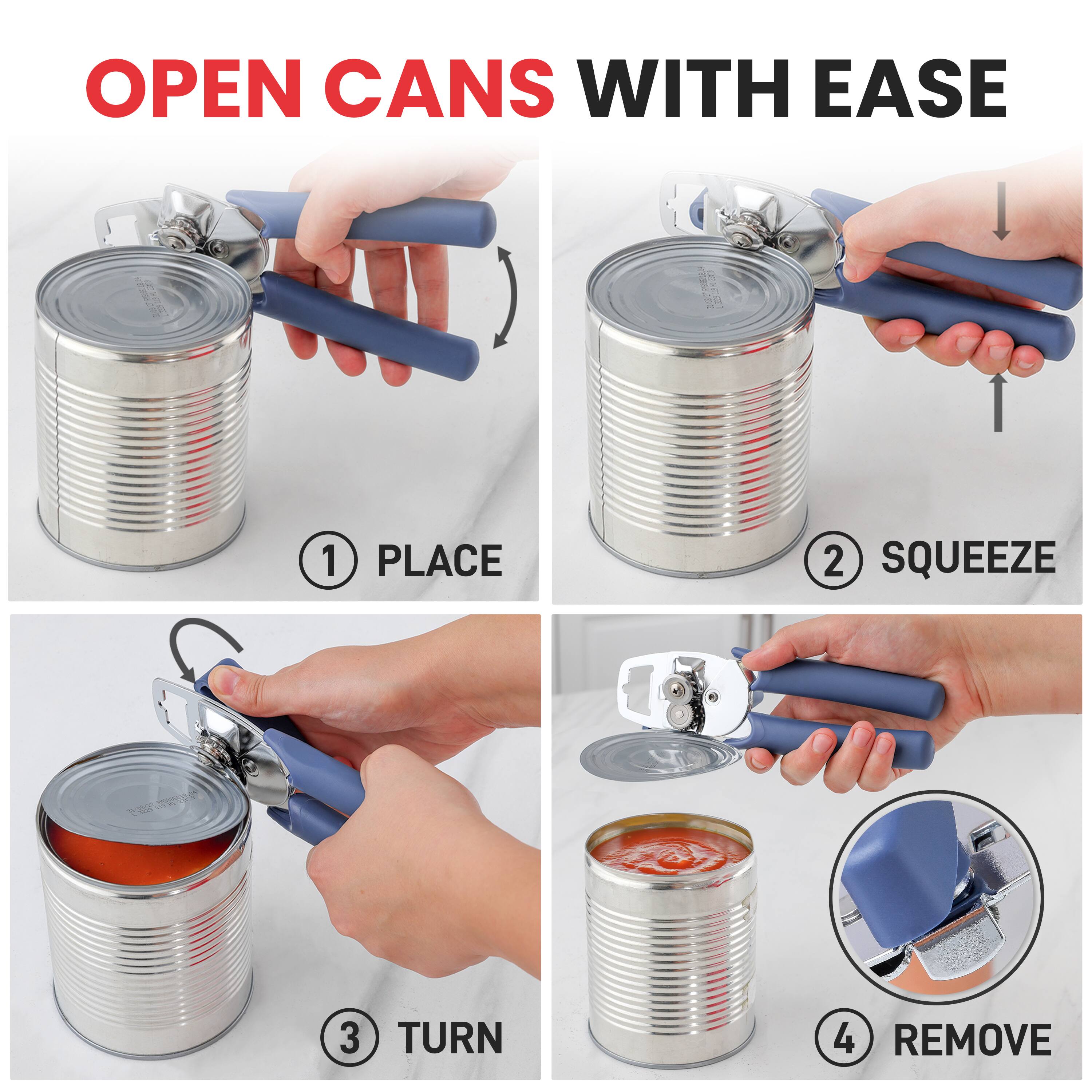 OPEN CANS WITH EASE

1. PLACE
2. SQUEEZE
3. TURN
4. REMOVE