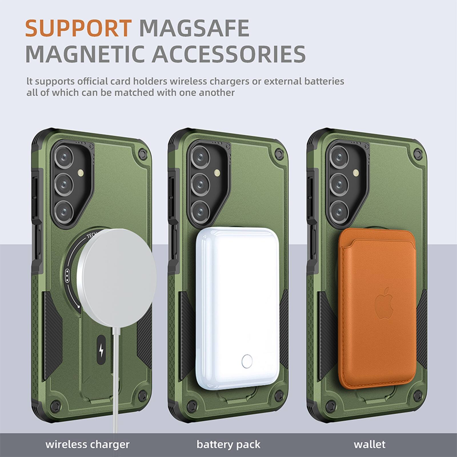SUPPORT MAGSAFE MAGNETIC ACCESSORIES

It supports official card holders, wireless chargers, or external batteries, all of which can be matched with one another.

wireless charger  
battery pack  
wallet