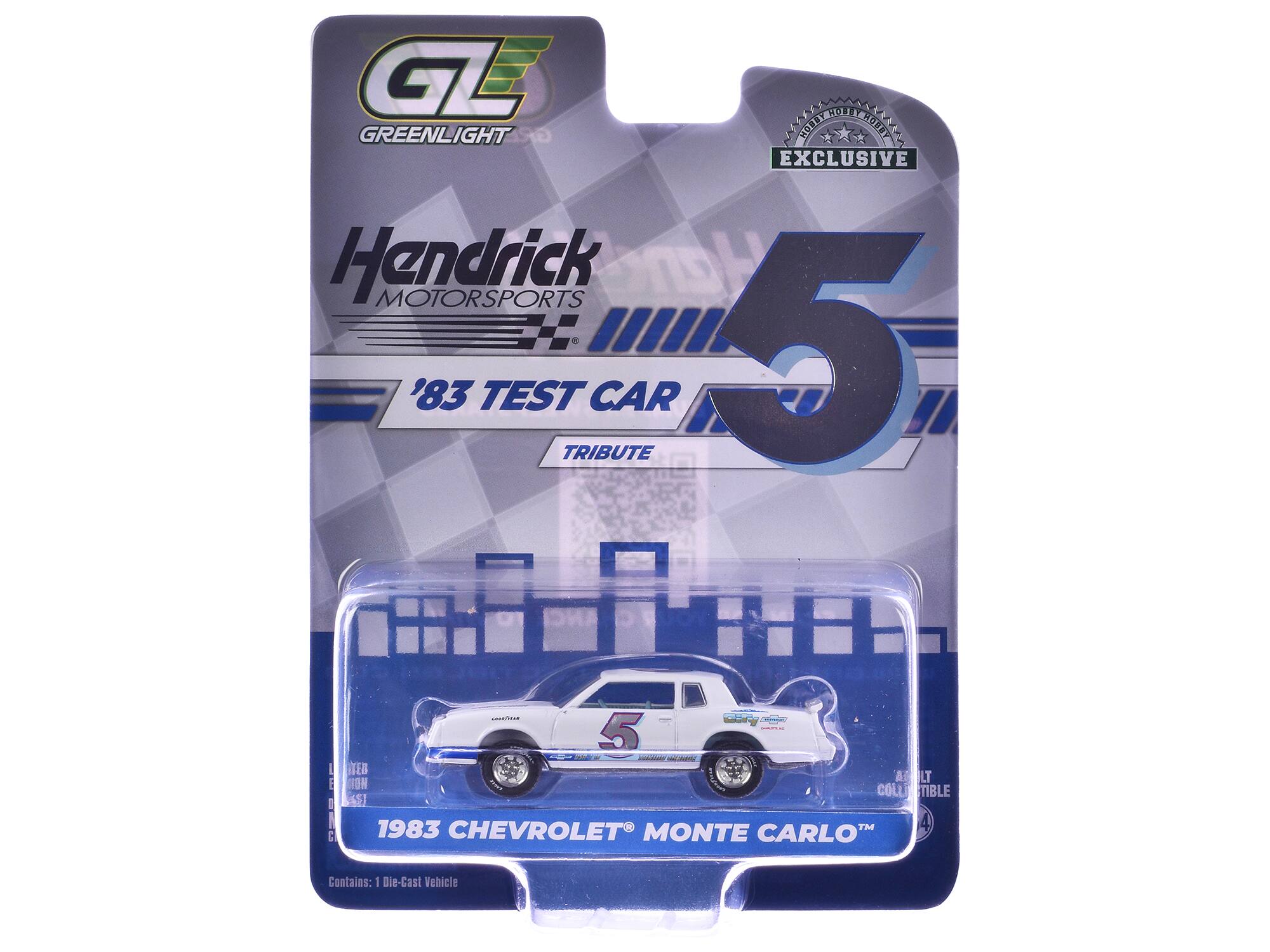 GL GREENLIGHT GR 42065 IT THOTY EXCLUSIVE Hendrick Motorsports '83 TEST TRIBUTE CAR 5 ANCI I C coaoes s 5 TEB AIL LT DON COLLE TIBLE 1983 CHEVROLET MONTE CARLO Contains: 1 Die-Cast Vehicle