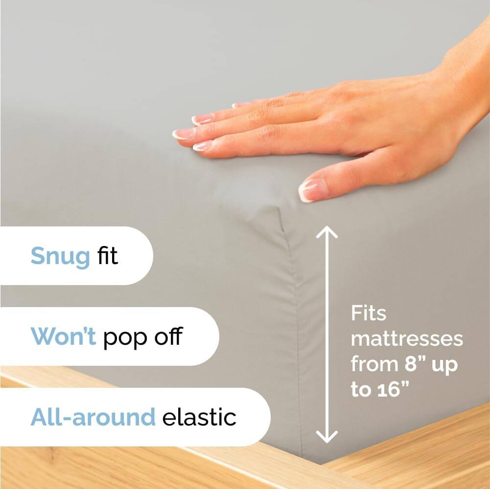 Snug fit  
Won't pop off  
All-around elastic  
Fits mattresses from 8" up to 16"