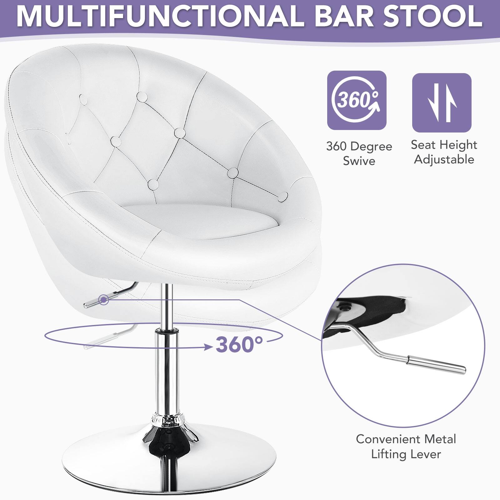 MULTIFUNCTIONAL BAR STOOL

360° 360 Degree Seat Height Swivel Adjustable

360°

Convenient Metal Lifting Lever