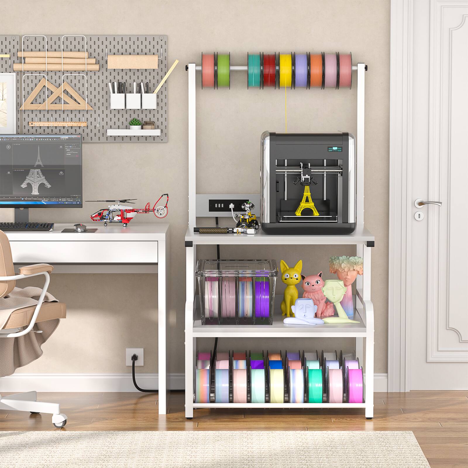 Back. Aheaplus - 3D Printer Stand with Power Outlets, 3-Tier Rolling Printer Stand with Filament Storage - Gray.