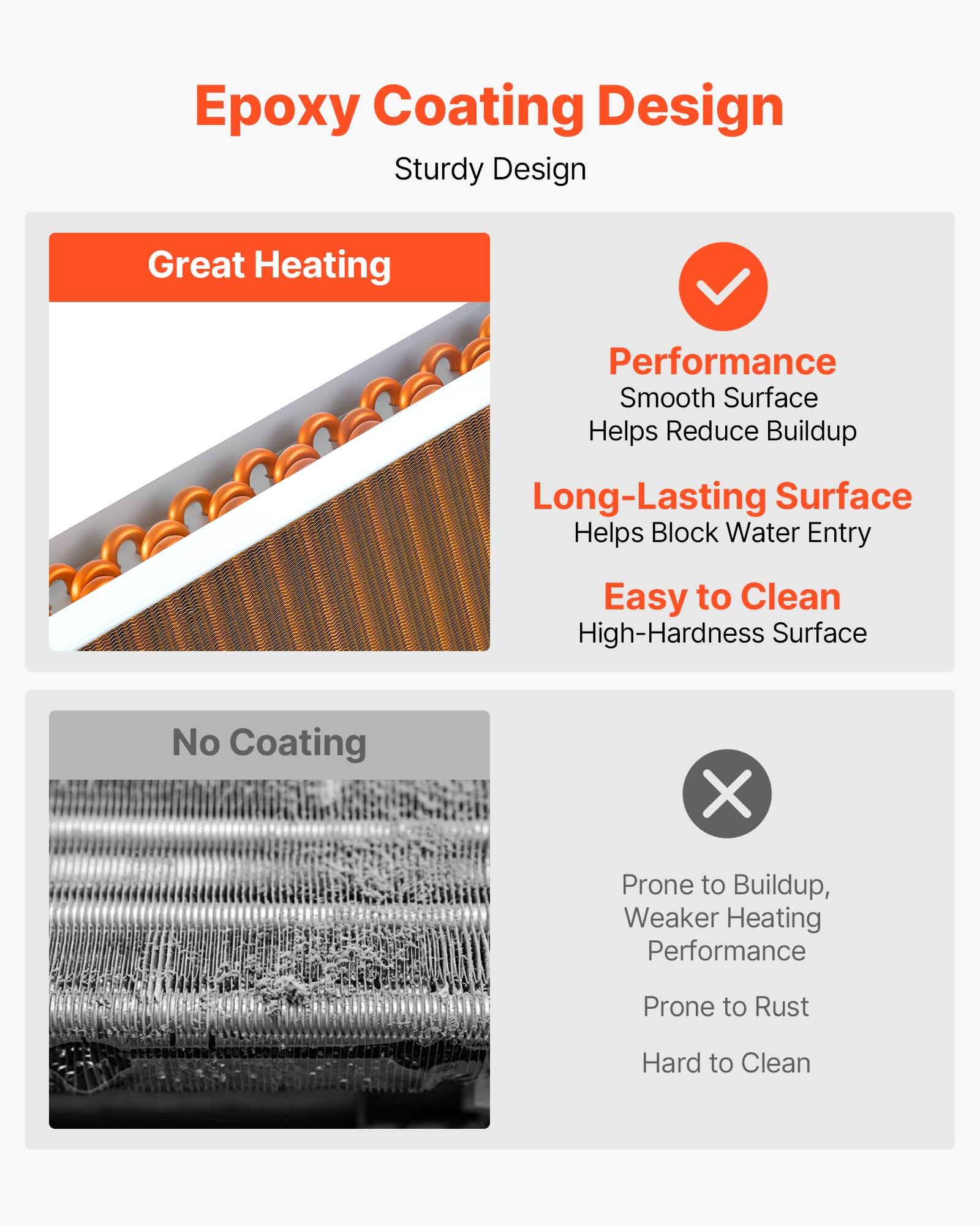 Epoxy Coating Design

Sturdy Design

Great Heating
Performance
Smooth Surface
Helps Reduce Buildup
Long-Lasting Surface
Helps Block Water Entry
Easy to Clean
High-Hardness Surface

No Coating

Prone to Buildup, Weaker Heating Performance
Prone to Rust
Hard to Clean