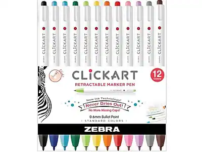 **CLICKART**
RETRACTABLE MARKER PEN
12 Colors
New Ink Technology!
Never Dries Out!
No More Missing Caps!
0.6mm Bullet Point
STANDARD COLORS
ZEBRA