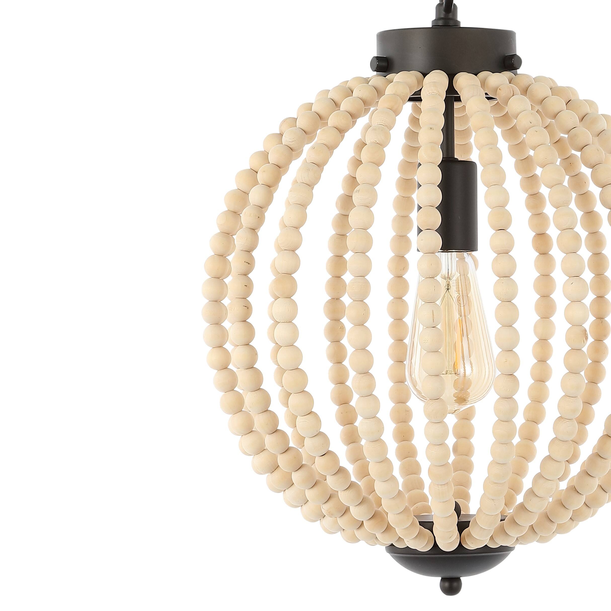 Alt View 3. Jonathan Y - Abril 12.5" 1-Light Rustic Bohemian Iron/Wood Bead LED Pendant, Oil Rubbed Bronze/Brown - Oil Rubbed Bronze/Light Brown.