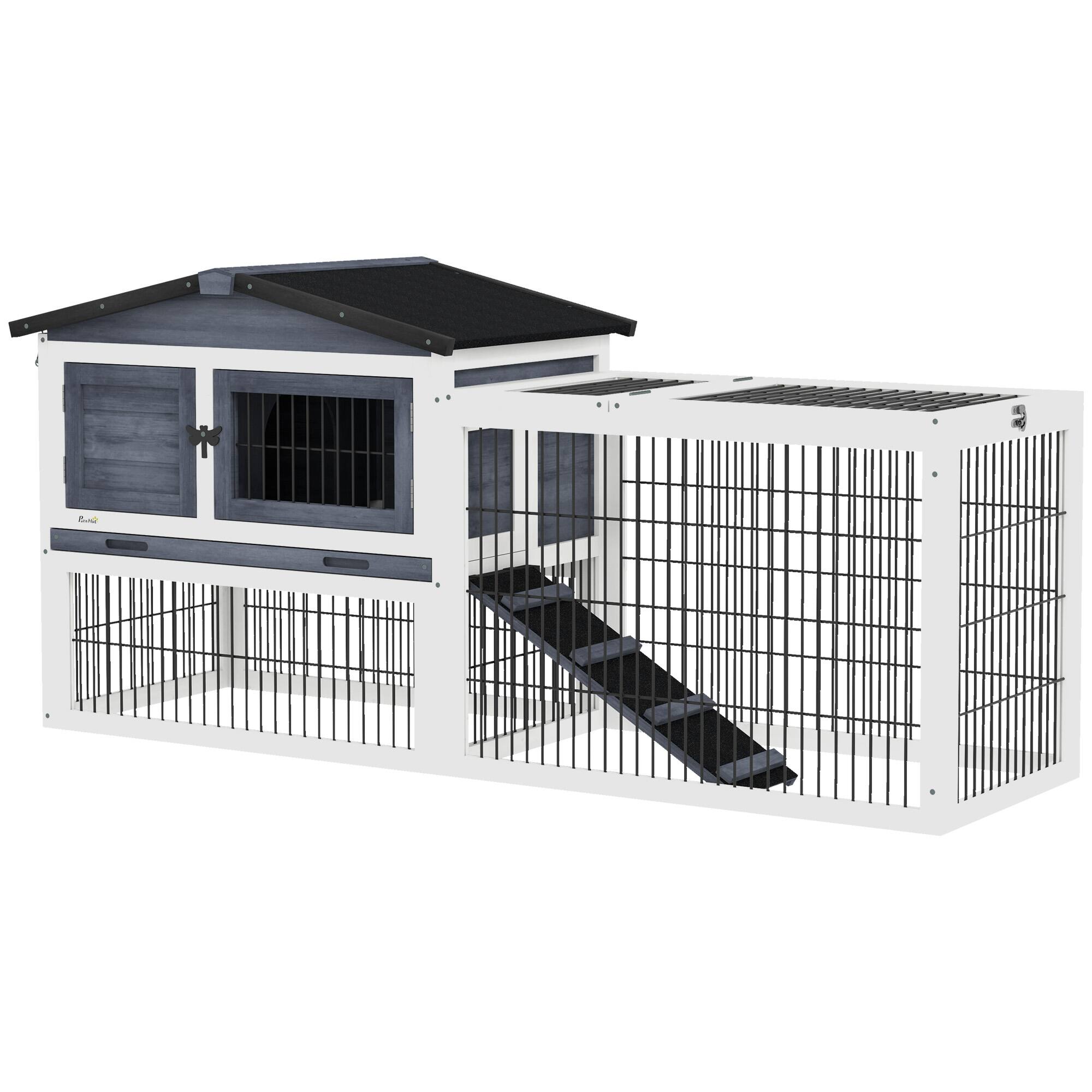 Front. Pawhut - 59" Wooden 2 Levels Outdoor Rabbit Hutch with Openable Top, Run Weatherproof Roof, Removable Tray, Ramp.