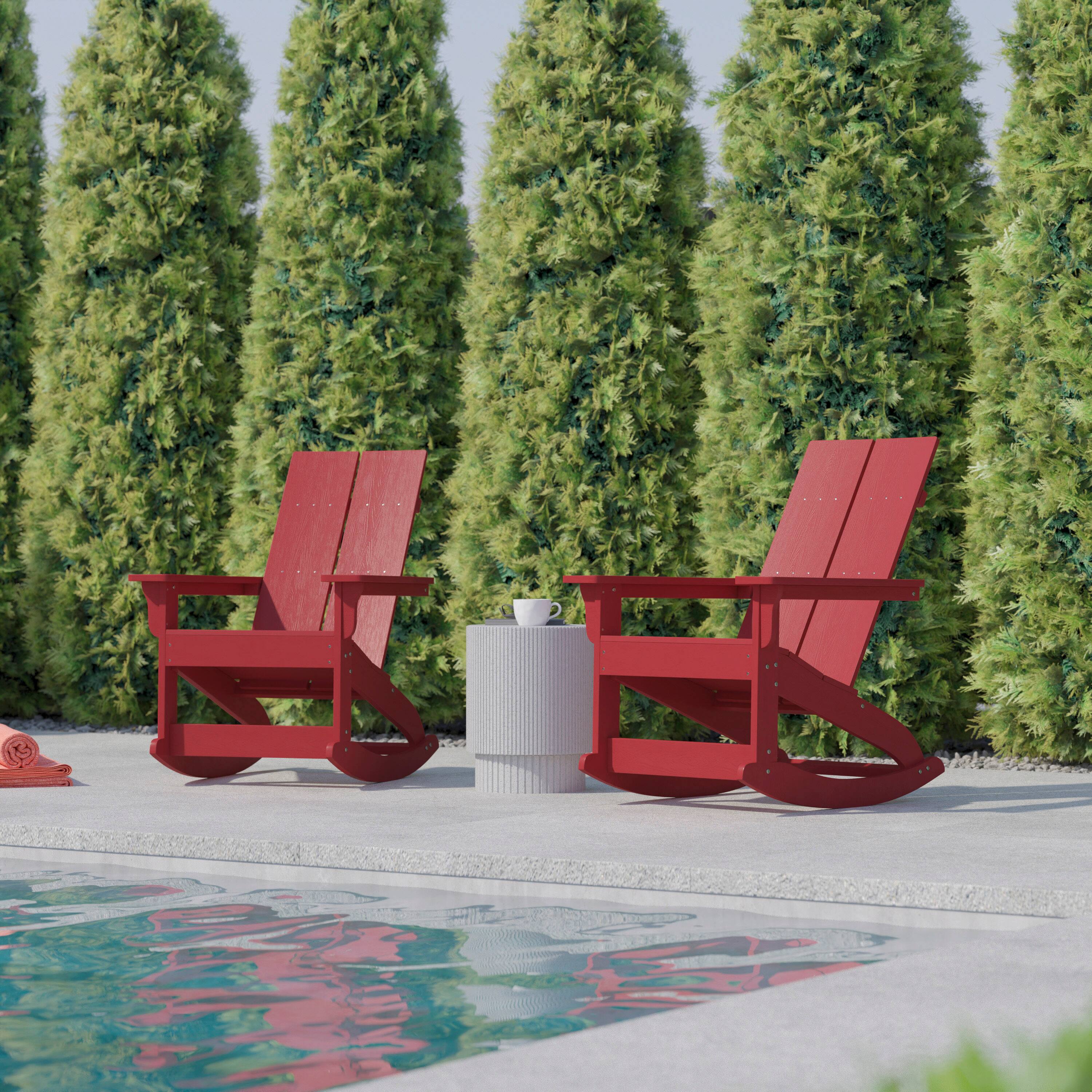 Alt View 4. Flash Furniture - Finn Modern Commercial Poly Resin Wood Adirondack Rocking Chair - All Weather Red Polystyrene - Dual Slat Back - Stainle - Red.