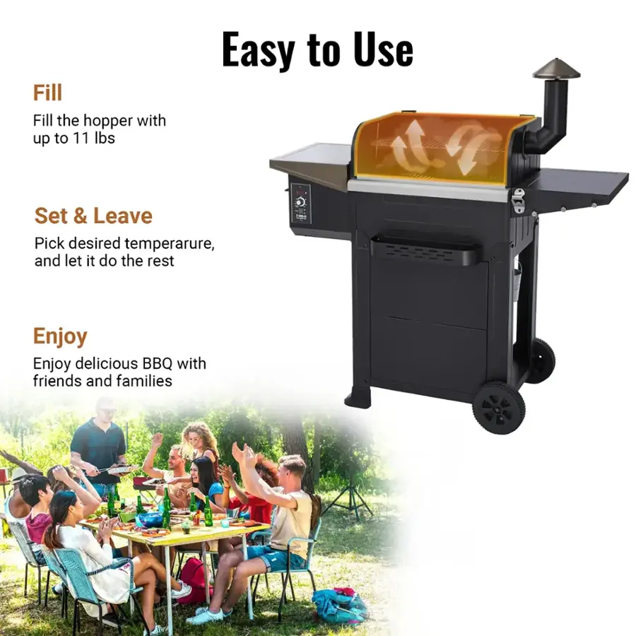Easy to Use
Fill
Fill the hopper with up to 11 lbs
Set & Leave
Pick desired temperarure, and let it do the rest
Enjoy
Enjoy delicious BBQ with friends and families