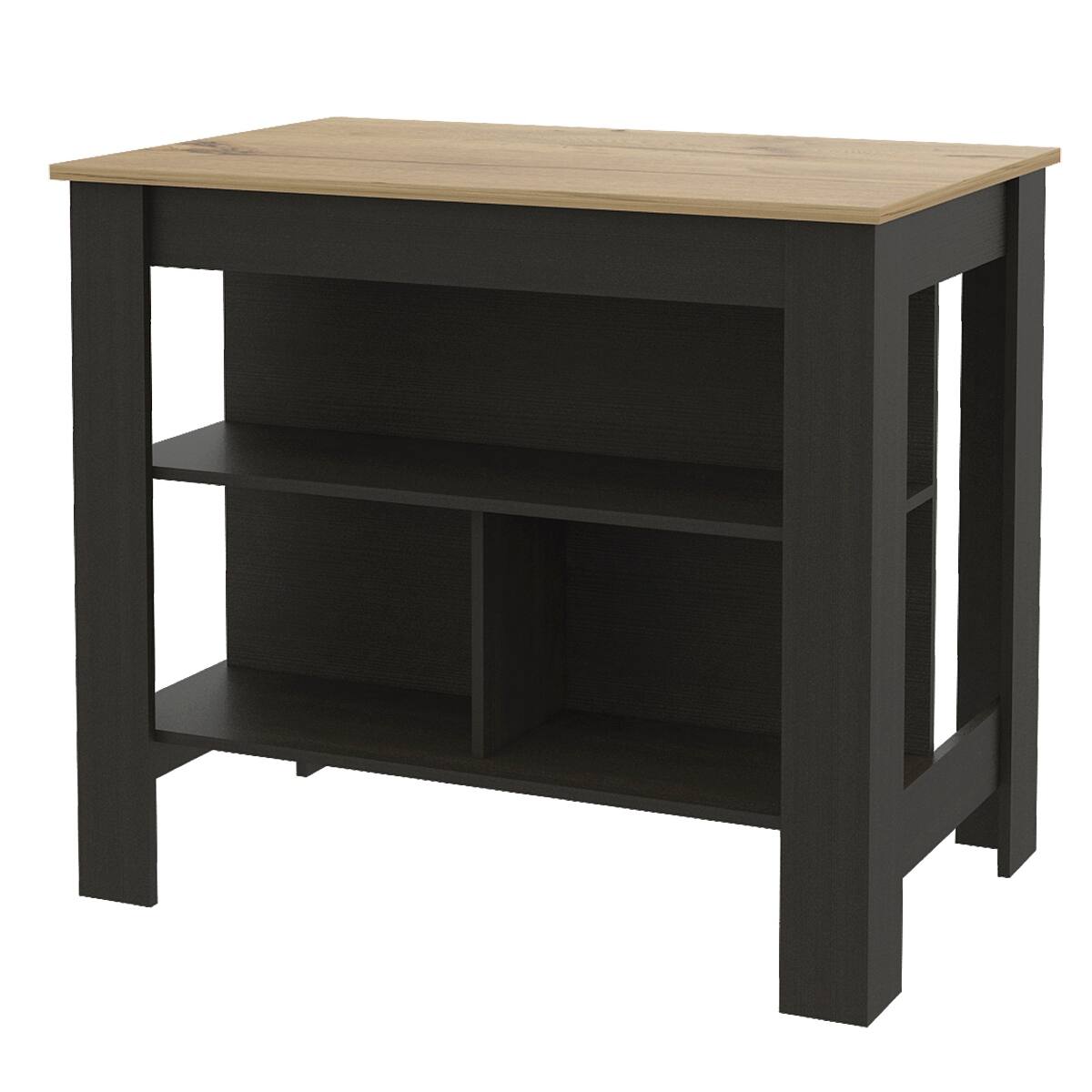 Angle. Loheer - Loheer Modern Kitchen Island with Three Concealed Shelves, Rectangular, Black/Light Oak - Black/Light Oak.