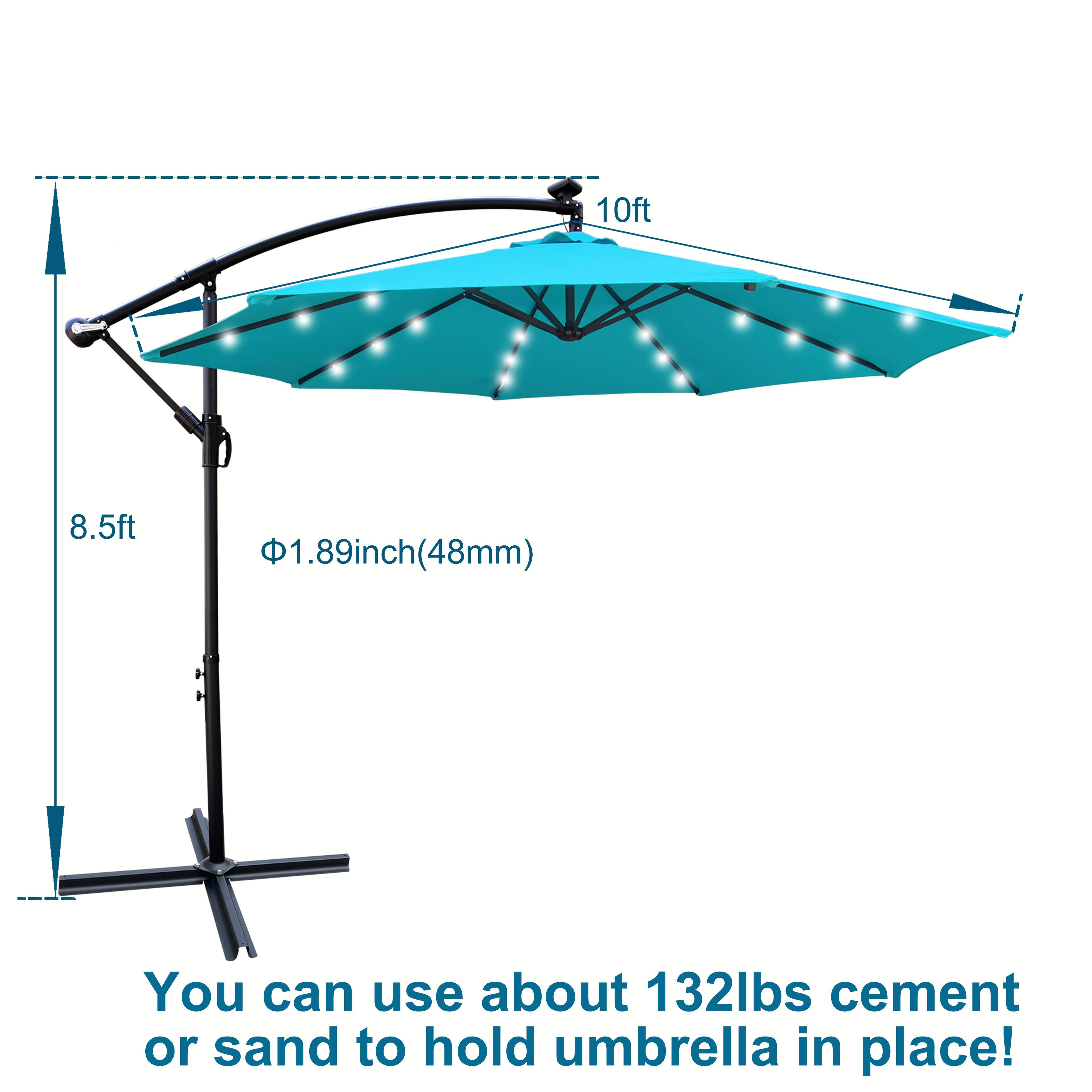 10ft  
8.5ft  
1.89inch (48mm)  

You can use about 132lbs cement or sand to hold umbrella in place!