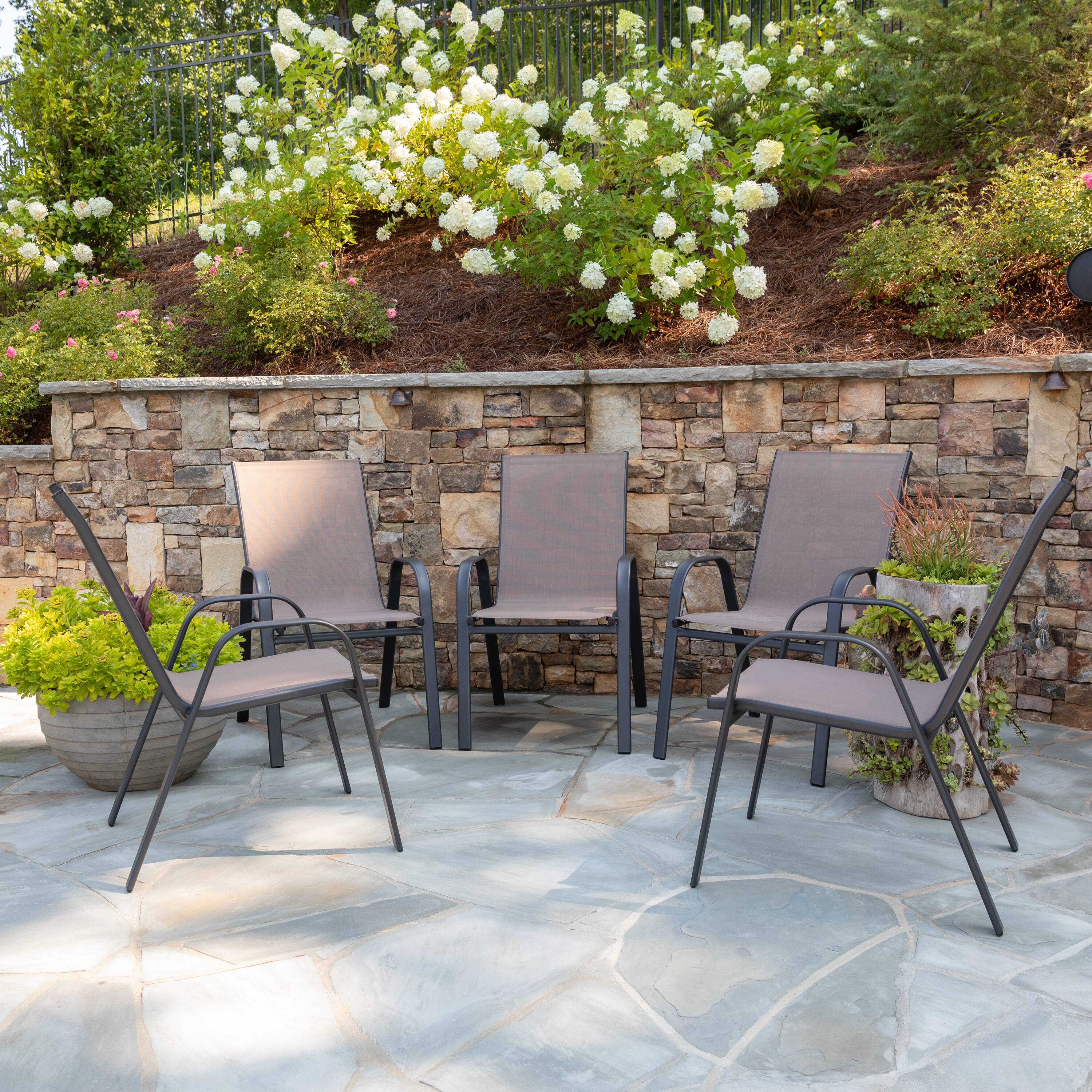 Alt View 2. Emma + Oliver - 5 Pack. Outdoor Stack Chair with Flex Comfort Material and Metal Frame - Brown.