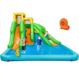 Gymax - Inflatable Water Park Bounce House Two-Slide Bouncer w/ Climbing Wall & 550W Blower