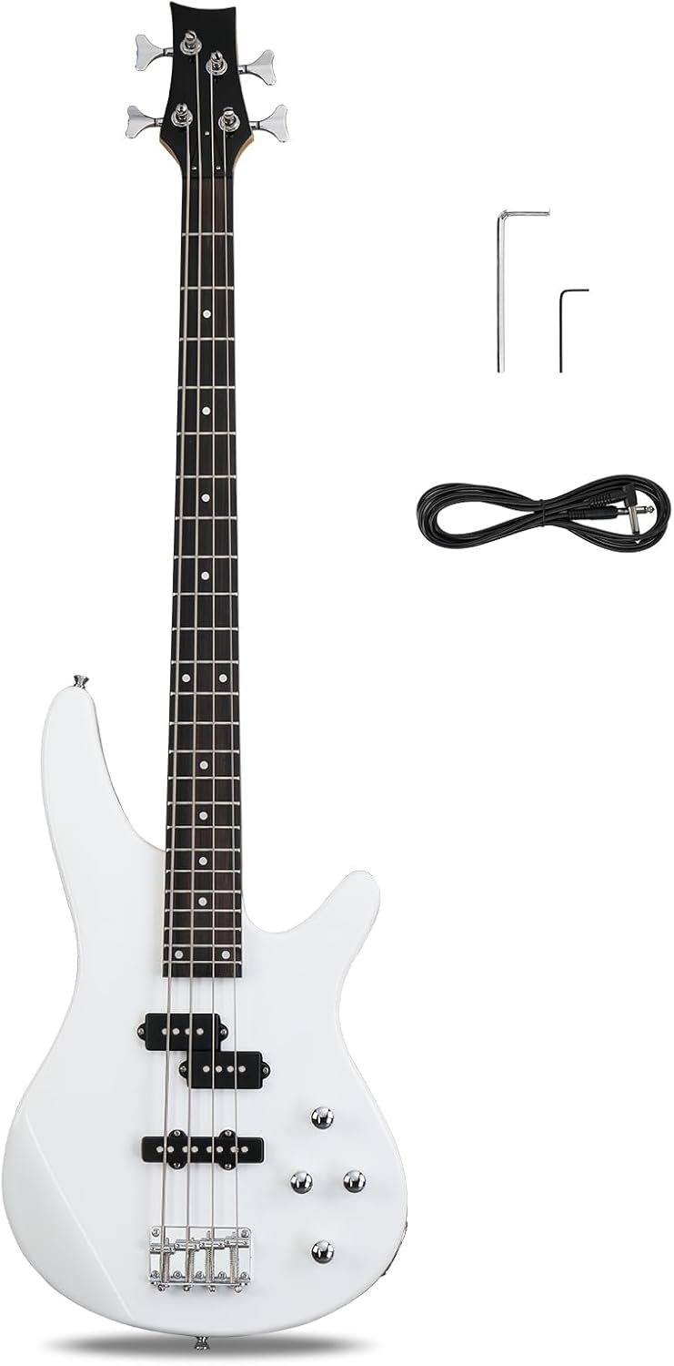 Front. Winado - 4 String Electric Bass Guitar, Full Size Standard Right Handed Rosewood Fingerboard Beginner Kit with Cable Wrench Tool.