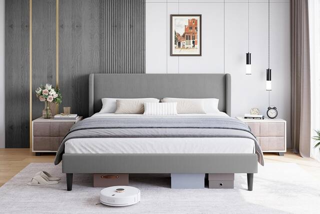 Front. Qeetex - Upholstered Velvet Bed Frame with Wingback Headboard, Strong Wood Slats, Modern Platform Design - Gray.