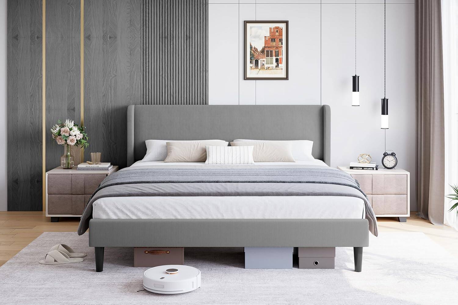 Front. Qeetex - Upholstered Velvet Bed Frame with Wingback Headboard, Strong Wood Slats, Modern Platform Design - Gray.