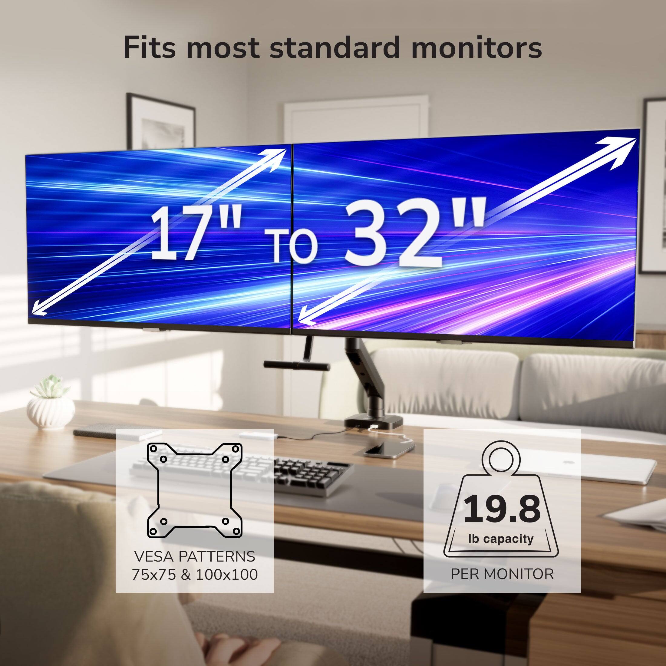 Fits most standard monitors 17" TO 32" VESA PATTERNS 75x75 & 100x100 19.8 lb capacity PER MONITOR