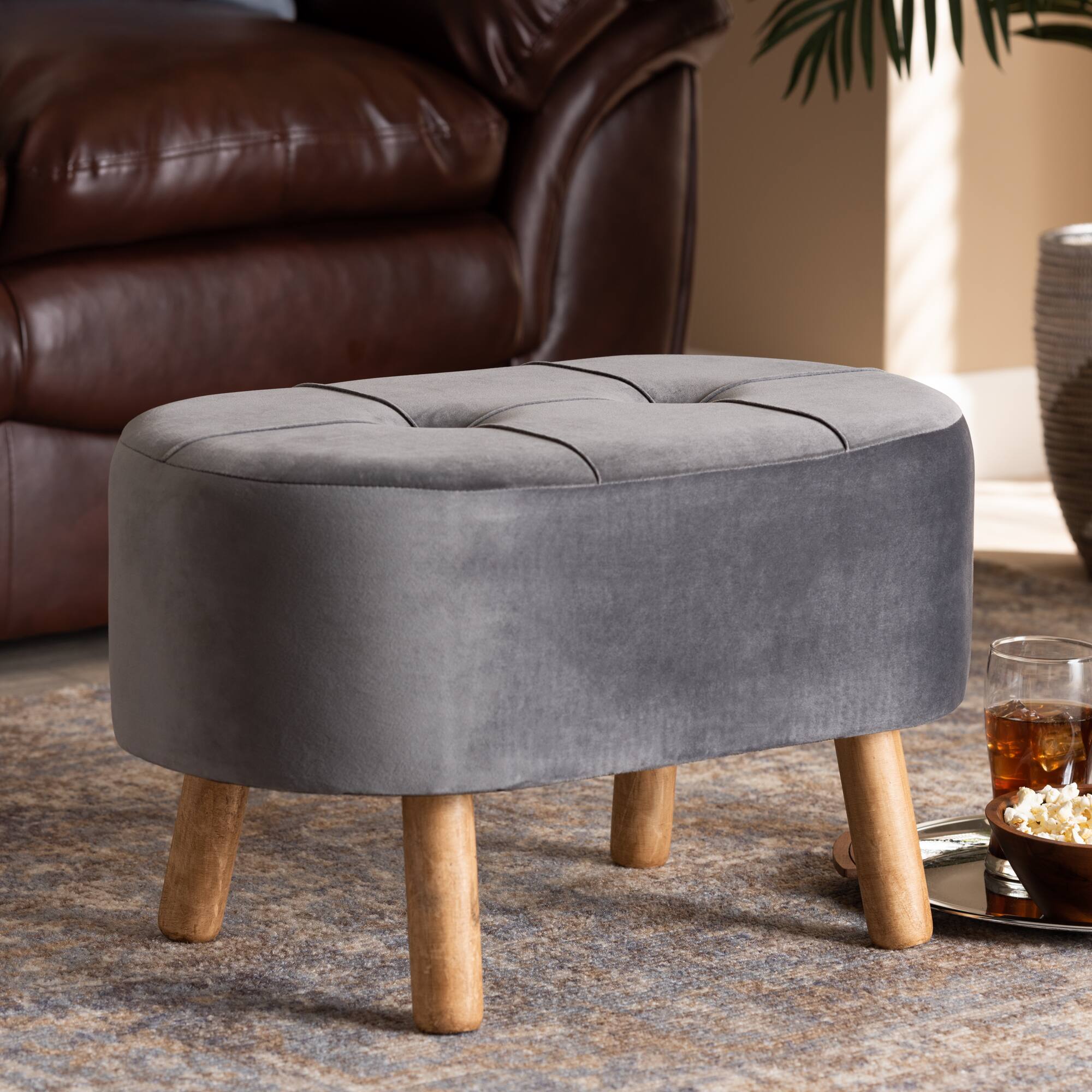 Alt View 2. Baxton Studio - Simone Mid-Century Modern Velvet Fabric Upholstered Wood Ottoman - Grey/Natural.