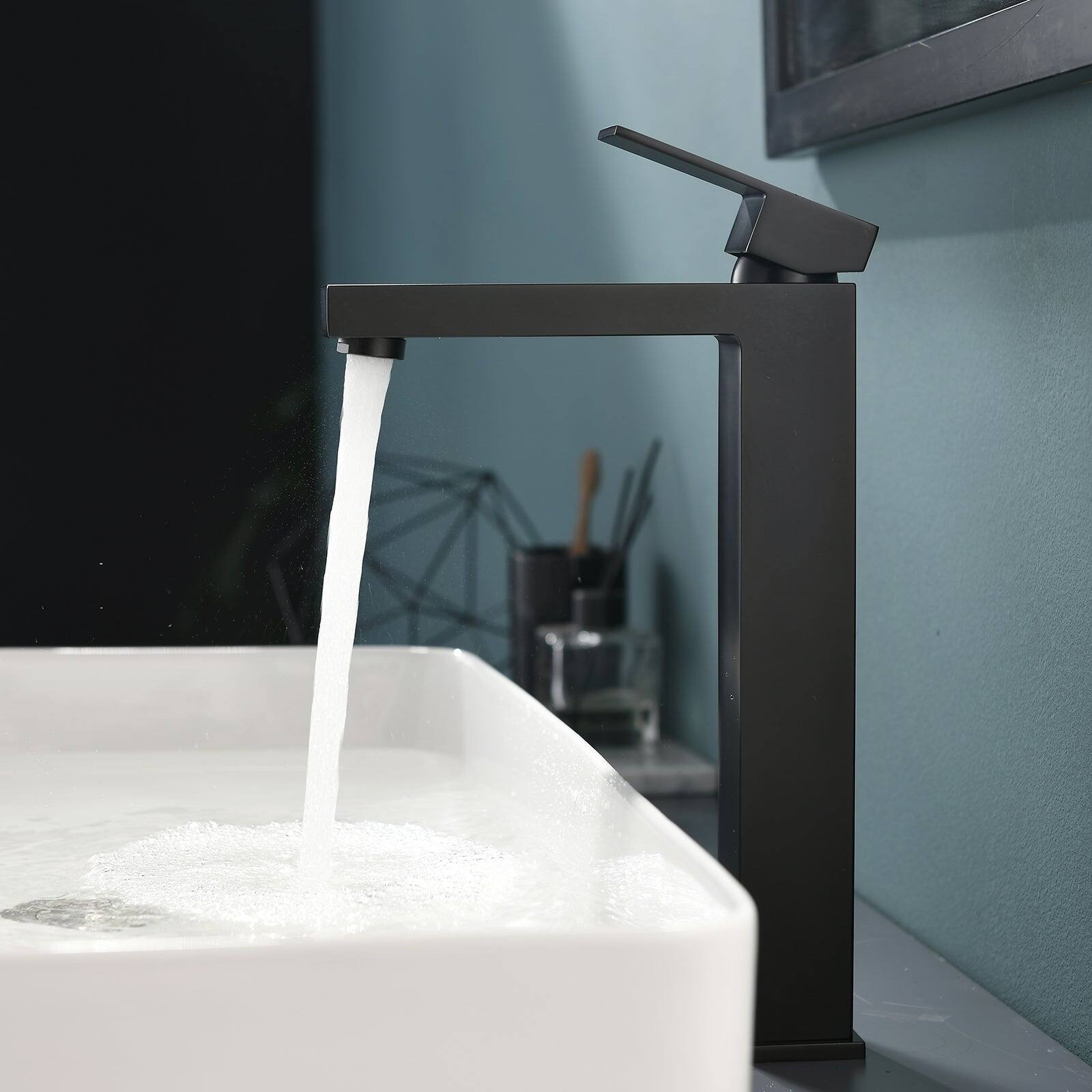 Alt View 5. Boyel Living - Single Hole Single Handle Tall Low Arc Waterfall Bathroom Faucet Matte Black with Supply Lines - Matte Black - Tall.