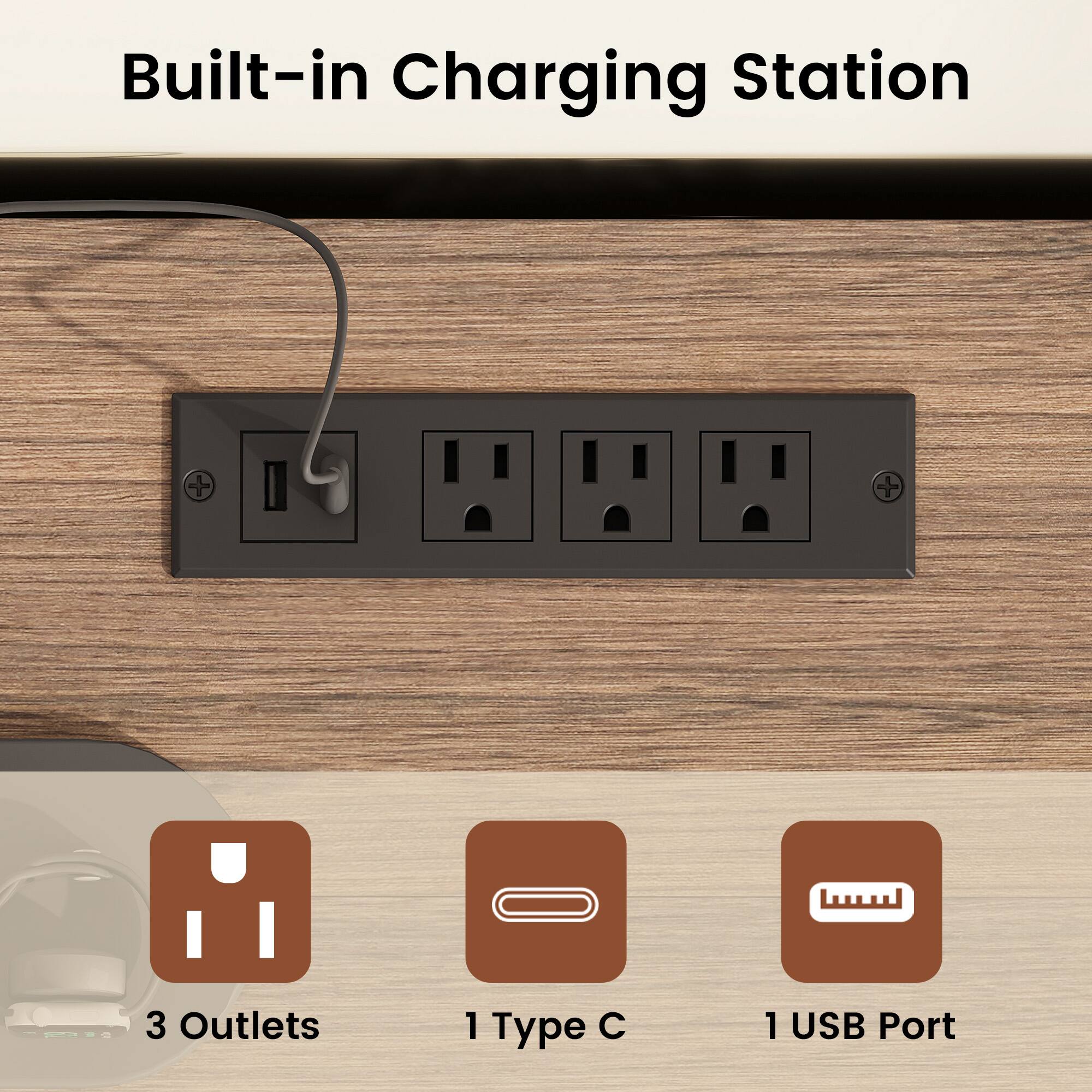 Built-in Charging Station

- 3 Outlets
- 1 Type C
- 1 USB Port