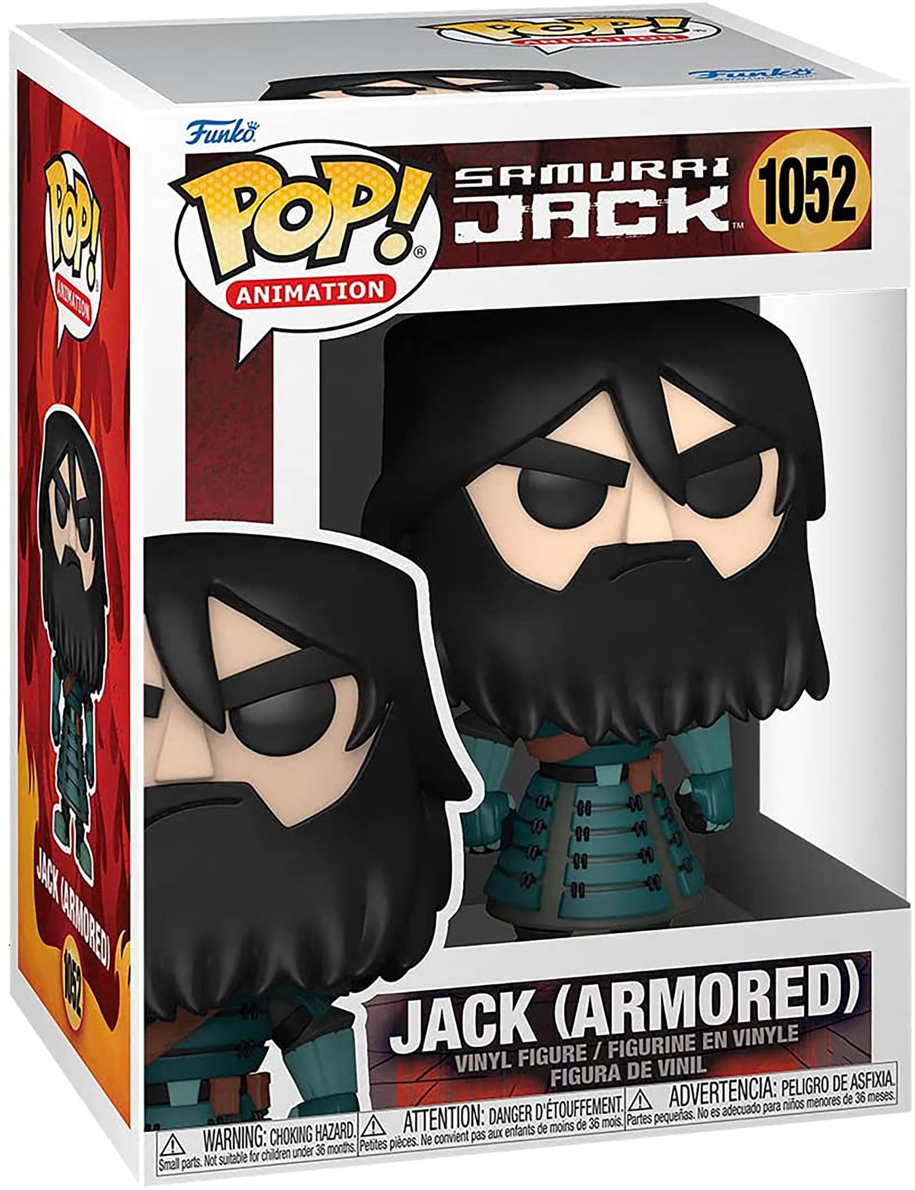 Sure, here is the corrected and grouped text from the image:

---

**Front of the Box:**

- **Top Left:** POP! ANIMATION
- **Top Center:** SAMURAI JACK
- **Top Right:** 1052
- **Center:** JACK (ARMORED)
- **Bottom:** VINYL FIGURE / FIGURINE EN VINYLE / FIGURA DE VINIL

**Warnings:**

- WARNING: CHOKING HAZARD. Small parts. Not suitable for children under 36 months.
- ATTENTION: DANGER DE TETOUFFEMENT. Petites pièces. Ne convient pas aux enfants de moins de 36 mois.
- ADVERTENCIA: PEORO DE ASFIXIA. Piezas pequeñas. No es adecuado para niños menores de 36 meses.

**Side of the Box:**

- **Left Side:** POP! ANIMATION
- **Bottom Left:** JACK (ARMORED)

**Back of the Box:**

- **Top Left:** POP! ANIMATION
- **Top Center:** SAMURAI JACK
- **Top Right:** 1052
- **Center:** JACK (ARMORED)
- **Bottom:** VINYL