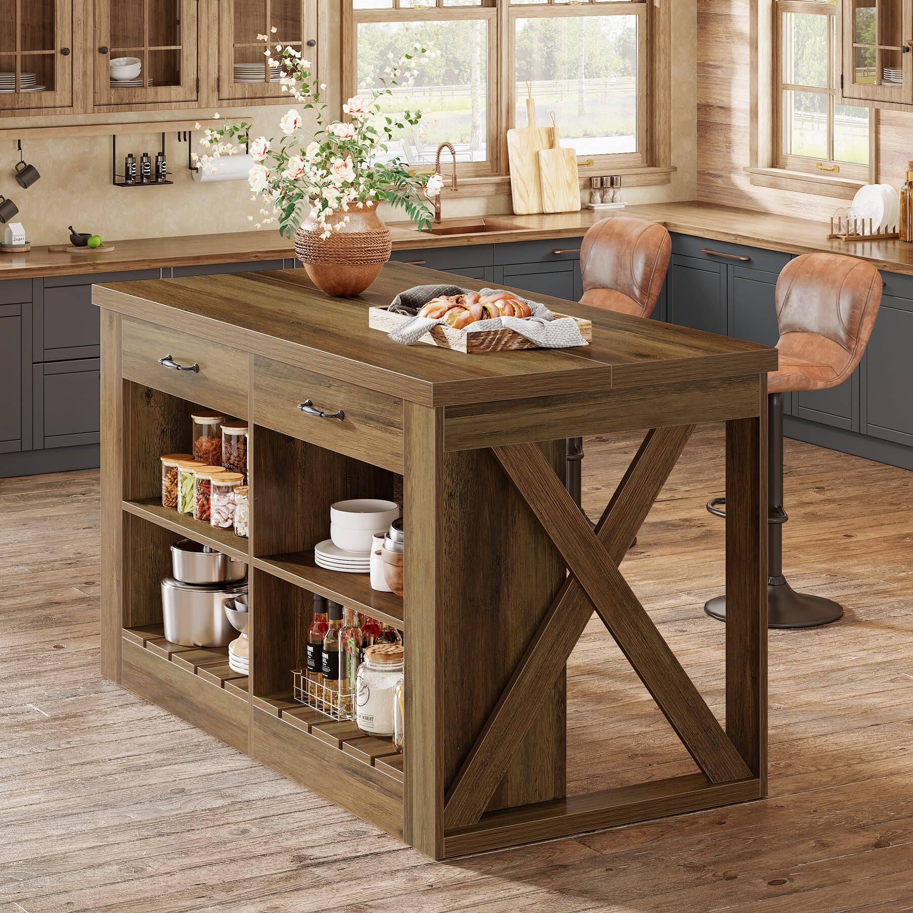 Back. Tribesigns - 55.1-Inch Kitchen Island with Seating Space and Storage for Kitchen or Dining Room - Brown.