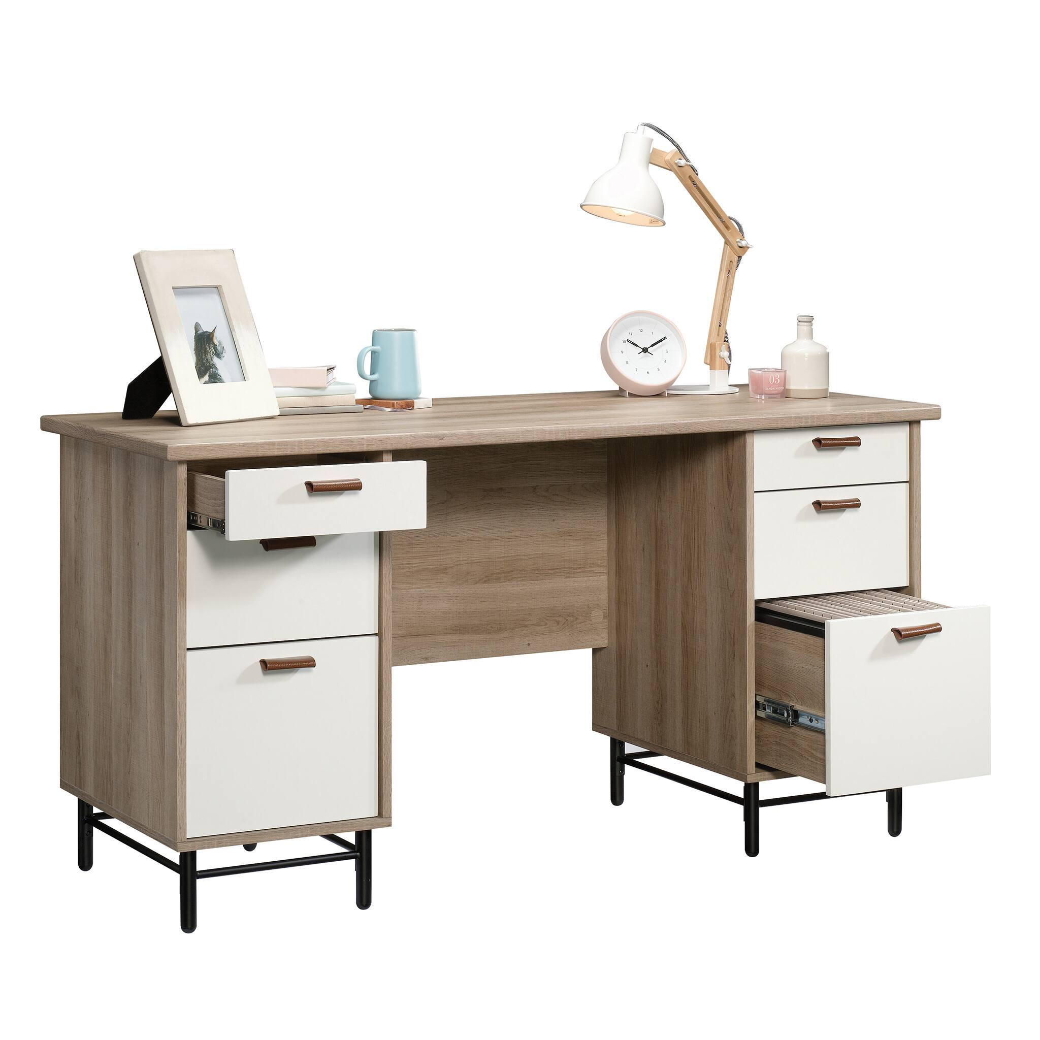 Angle. Spaco - 56x22" Compact Desk, 3 Drawers with File Storage, Oak, Metal Base - Brown.