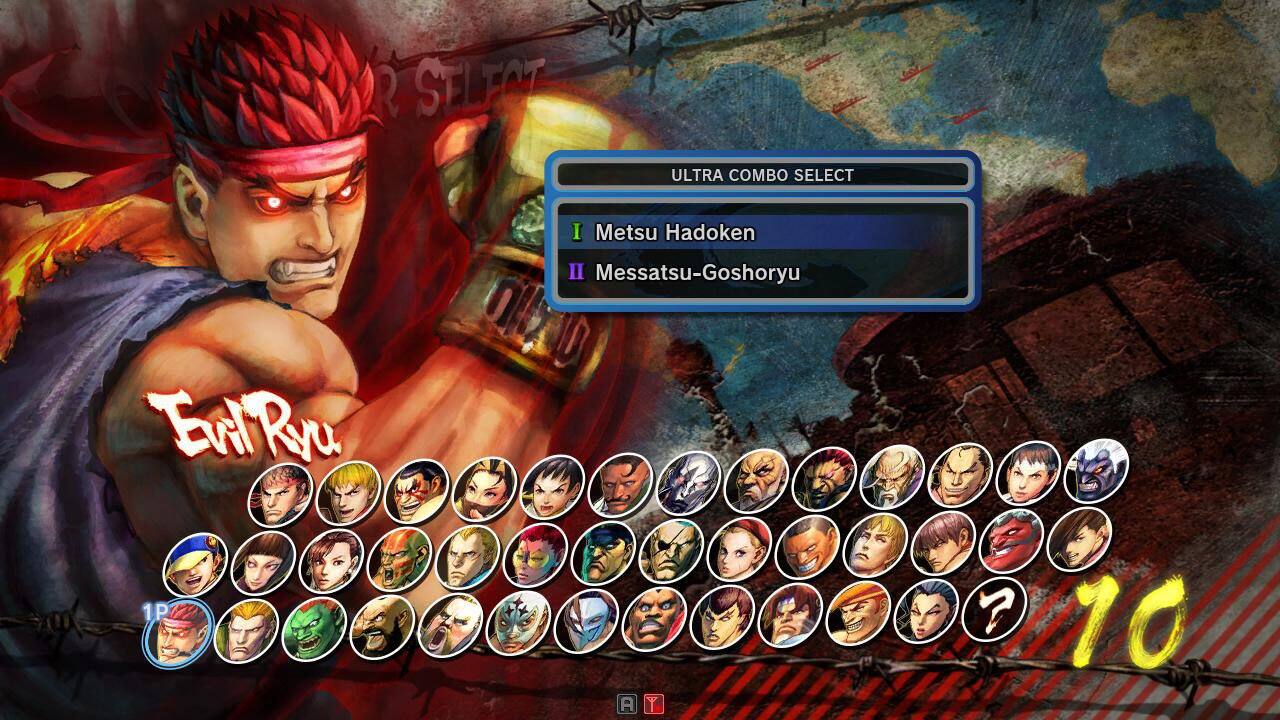 Sure, here is the corrected and grouped text from the image:

**Character Selection:**
- Ryu

**Ultra Combo Select:**
- I. Metsu Hadoken
- II. Messatsu-Goshoryu

**Player 1:**
- 10

**Other Elements:**
- "Ultra Combo Select" (top right)
- "R Select" (top left)
- "70" (bottom right)