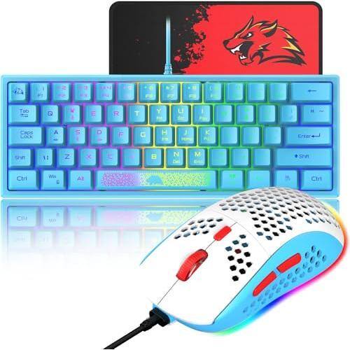 Pacoar Cade - 60 Gaming And Mouse Combo Samll Mini Rgb Led Backlight Mechanical Feeling 6400 Dpi Optical Pad For Gamers Typists - Blue