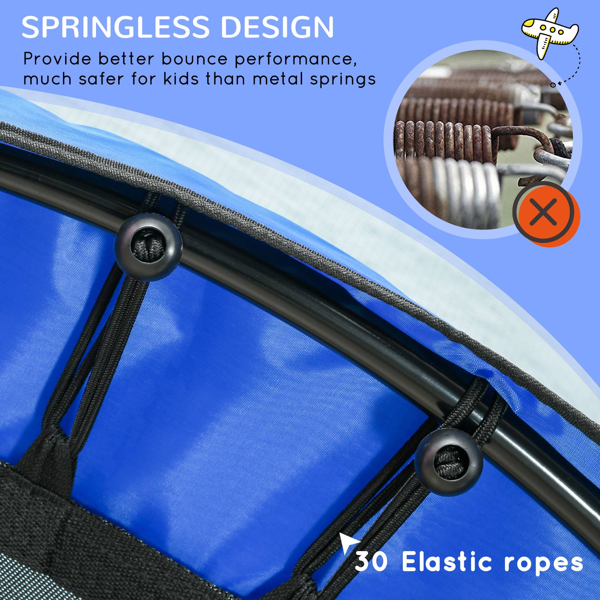 SPRINGLESS DESIGN  
Provide better bounce performance, much safer for kids than metal springs  

30 Elastic ropes