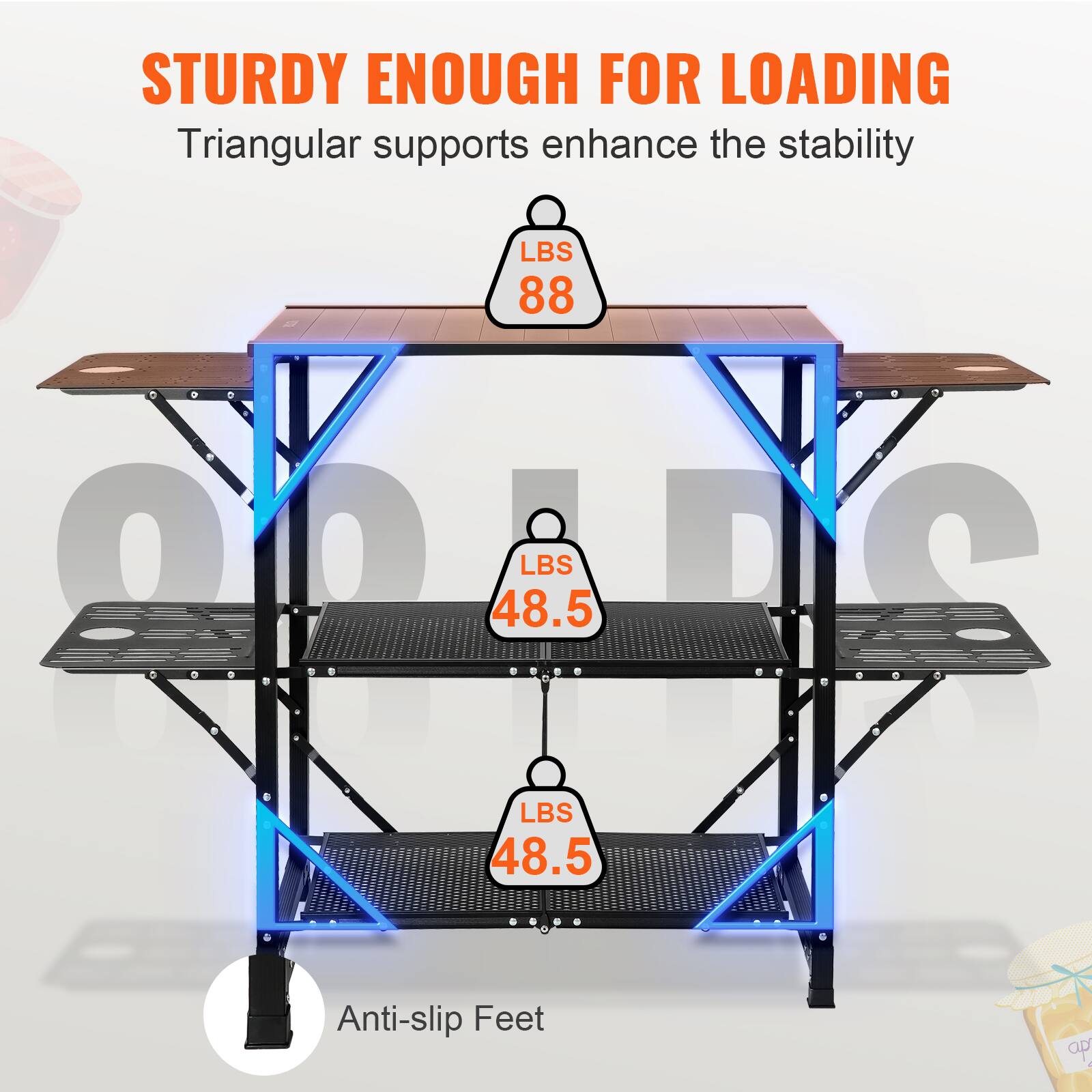 STURDY ENOUGH FOR LOADING, Triangular supports enhance the stability, LBS 88, LBS 48.5, LBS 48.5, Anti-slip Feet