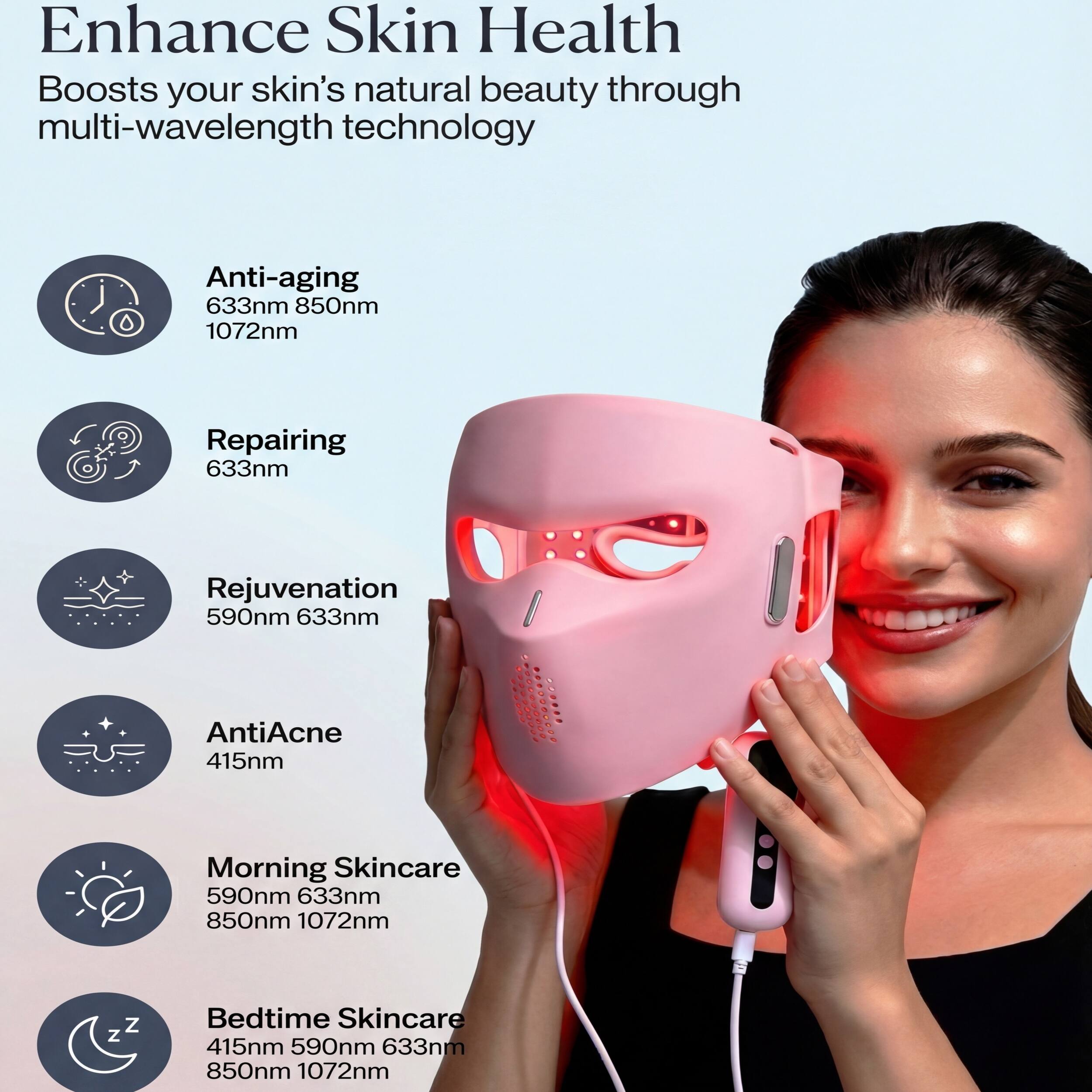Enhance Skin Health  
Boosts your skin's natural beauty through multi-wavelength technology

- Anti-aging  
  633nm 850nm 1072nm

- Repairing  
  633nm

- Rejuvenation  
  590nm 633nm

- AntiAcne  
  415nm

- Morning Skincare  
  590nm 633nm 850nm 1072nm

- Bedtime Skincare  
  415nm 590nm 633nm 850nm 1072nm