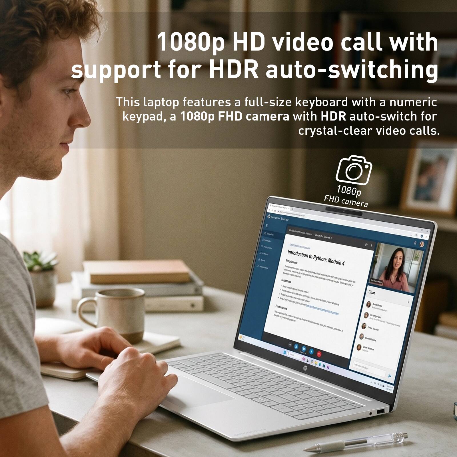 1080p HD video call with support for HDR auto-switching

This laptop features a full-size keyboard with a numeric keypad, a 1080p FHD camera with HDR auto-switch for crystal-clear video calls.

0 N - a FHD 1080p camera - - - - - Introduction to Python: Module 4 a - Caat E