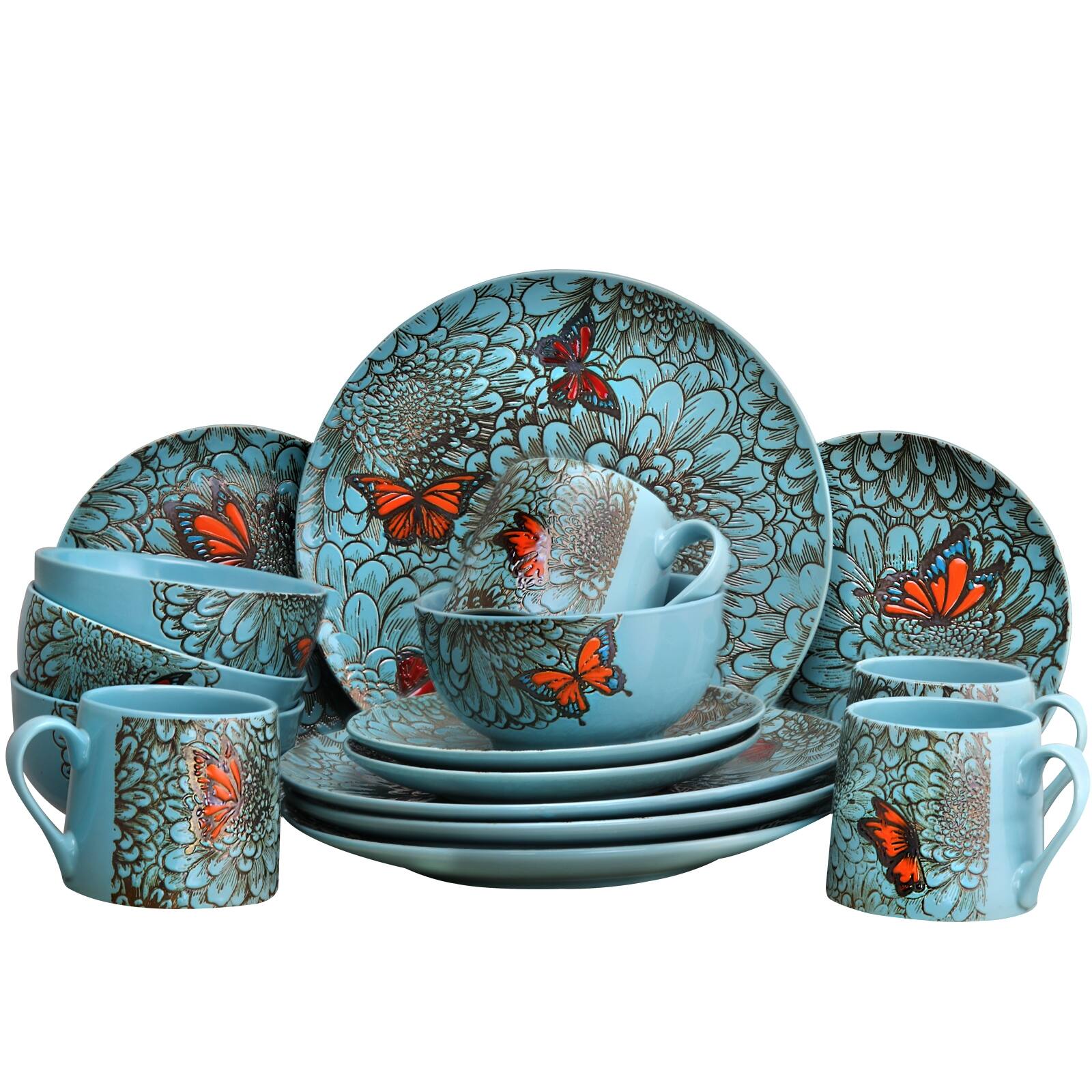 Alt View 4. Elama - Elama Butterfly Garden 16 Piece Stoneware Dinnerware Set - Blue and Red.
