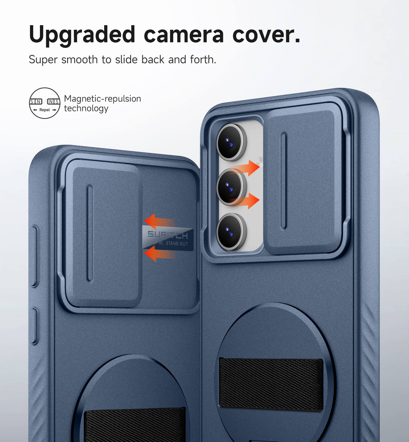 Upgraded camera cover. Super smooth to slide back and forth. Magnetic-repulsion - Repel technology. SURITCR. STAND OUT
