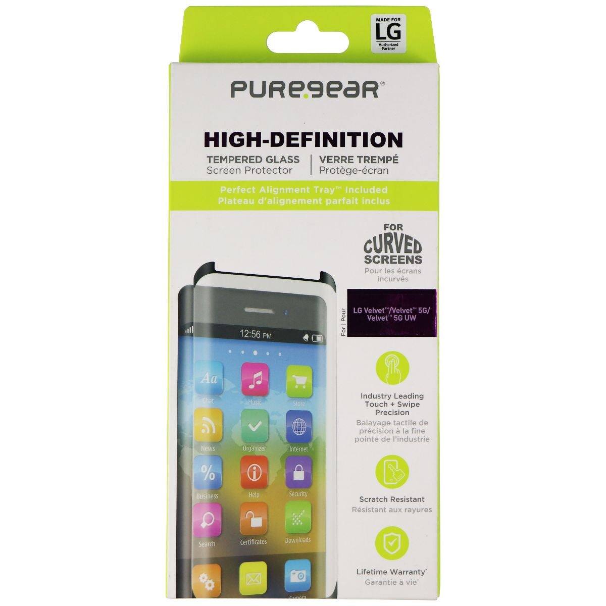 PUREgEaR HIGH-DEFINITION TEMPERED GLASS VERRE TREMPÉ Screen Protector Protège-écran Perfect Alignment Tray" Included Plateau d'alignement parfait inclus FOR CURVED SCREENS Pour les écrans incurvés 12:56 PM Pour For LG Velvet /Velvet" 50/ Velvet 5G UW Aa De News W Organizer Score Infernet Industry Leading Touch + Swipe Precision Balayage tactile de précision à la fine pointe de l'industrie % Business i gs Security Scratch Resistant Résistant aux rayures Search Certificates Downloads Lifetime Warranty Garantie à vie