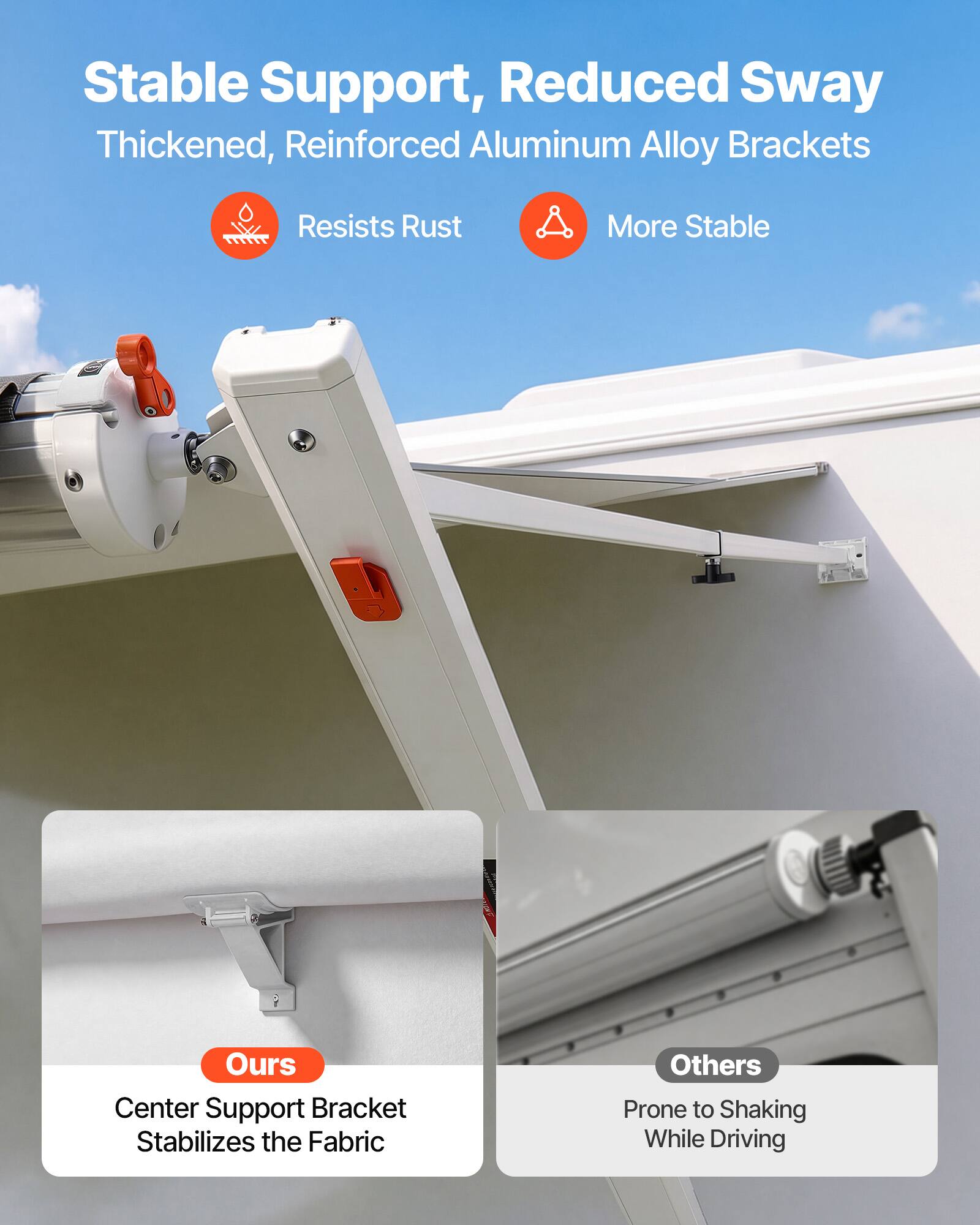 Stable Support, Reduced Sway  
Thickened, Reinforced Aluminum Alloy Brackets  
Resists Rust  
More Stable  

Ours  
Center Support Bracket Stabilizes the Fabric  

Others  
Prone to Shaking While Driving