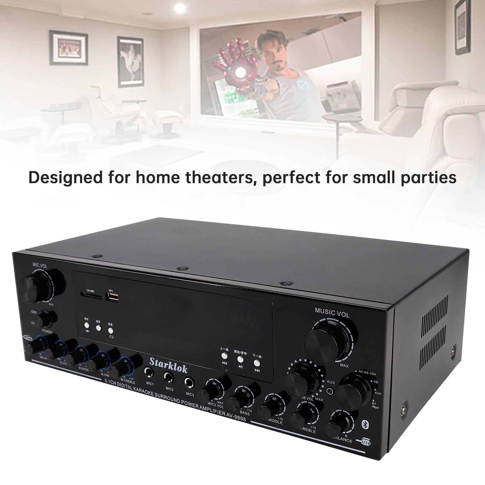 Designed for home theaters, perfect for small parties

MIC VOL - SONE - MUSIC VOL - Starklok - DIGITAL KARAOKE MICS SURROUND - POWER MICS VOL AMPLIFIER - AV-9898 MIDOLE MAX - AUX - USB