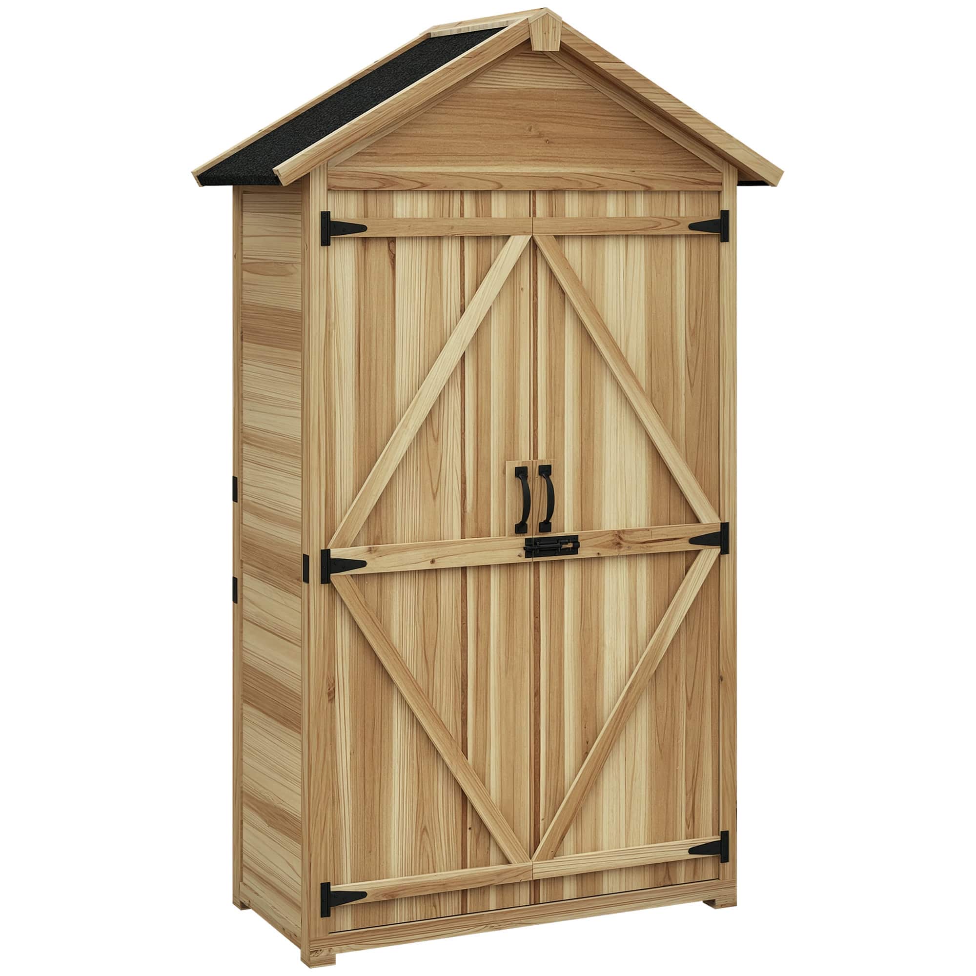 Outsunny - Outdoor Storage Cabinet with Waterproof Asphalt Roof, Wooden Garden Shed with Double Lockable Doors and Shelves - Natural Wood